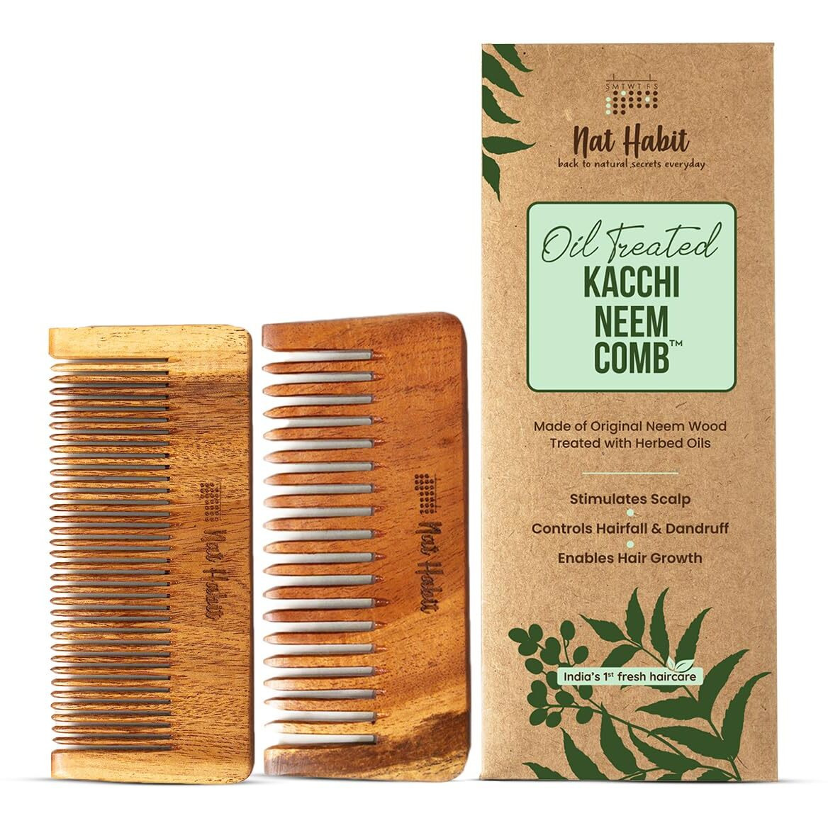 Nat Habit Kacchi Neem Comb Fine Tooth Styling & Wide Tooth Shampoo Combo, Soaked In 17 Herbs, Neem & Sesame Oil, For Post Shampoo Detangling & Daily Styling (Small Size)