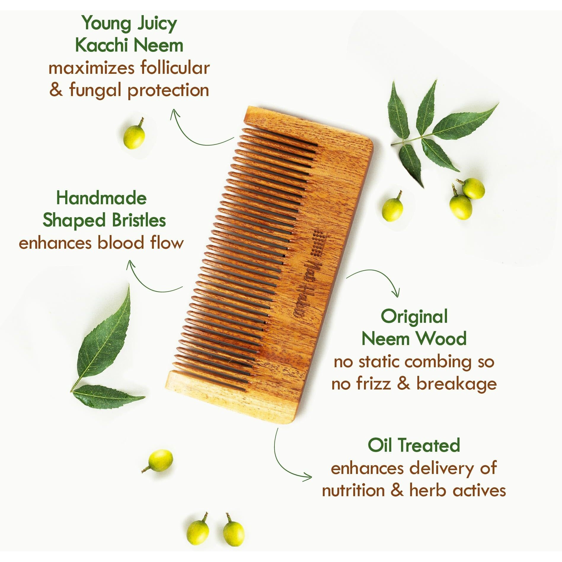 Nat Habit Kacchi Neem Comb Fine Tooth Styling & Wide Tooth Shampoo Combo, Soaked In 17 Herbs, Neem & Sesame Oil, For Post Shampoo Detangling & Daily Styling (Small Size)