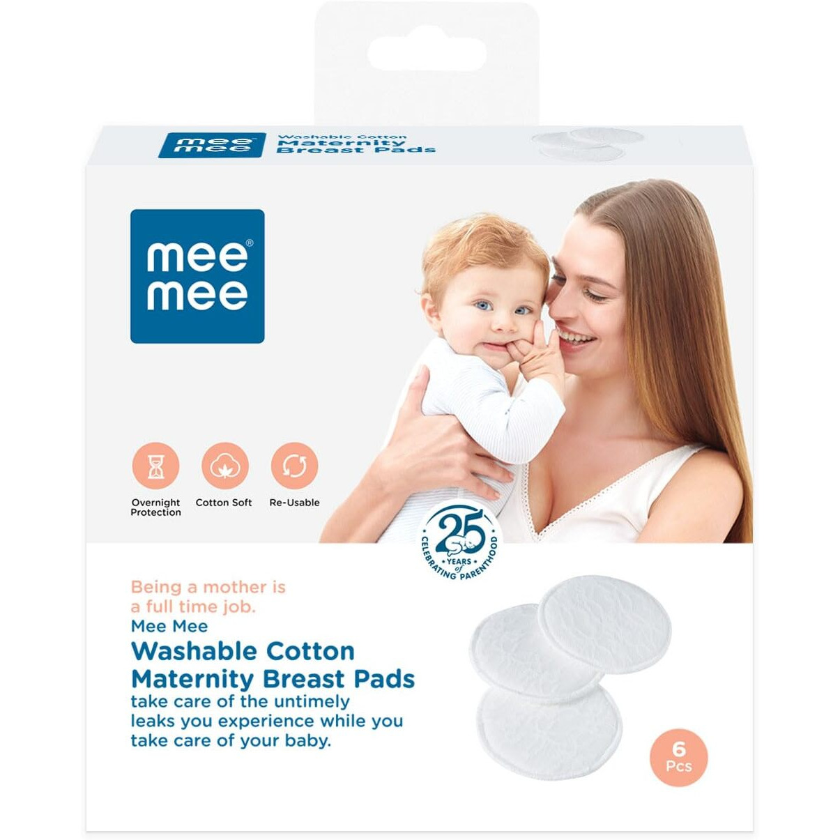 Mee Mee Reusable Cotton Maternity Breast Pads For Feeding Mothers 6 Pcs | Washable Bra Pads | Absorbing Nursing Pads, Discreet Fit Nipple Pad, Leak Proof|Anti-Bacterial Dermatologically Tested, Bamboo Rayon Pads (100 Washes, White)