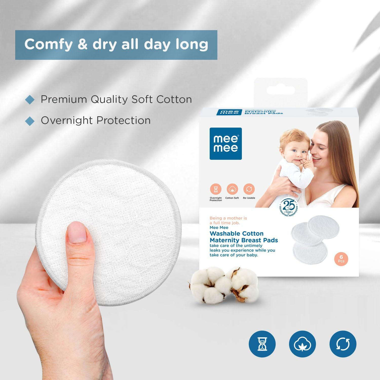 Mee Mee Reusable Cotton Maternity Breast Pads For Feeding Mothers 6 Pcs | Washable Bra Pads | Absorbing Nursing Pads, Discreet Fit Nipple Pad, Leak Proof|Anti-Bacterial Dermatologically Tested, Bamboo Rayon Pads (100 Washes, White)