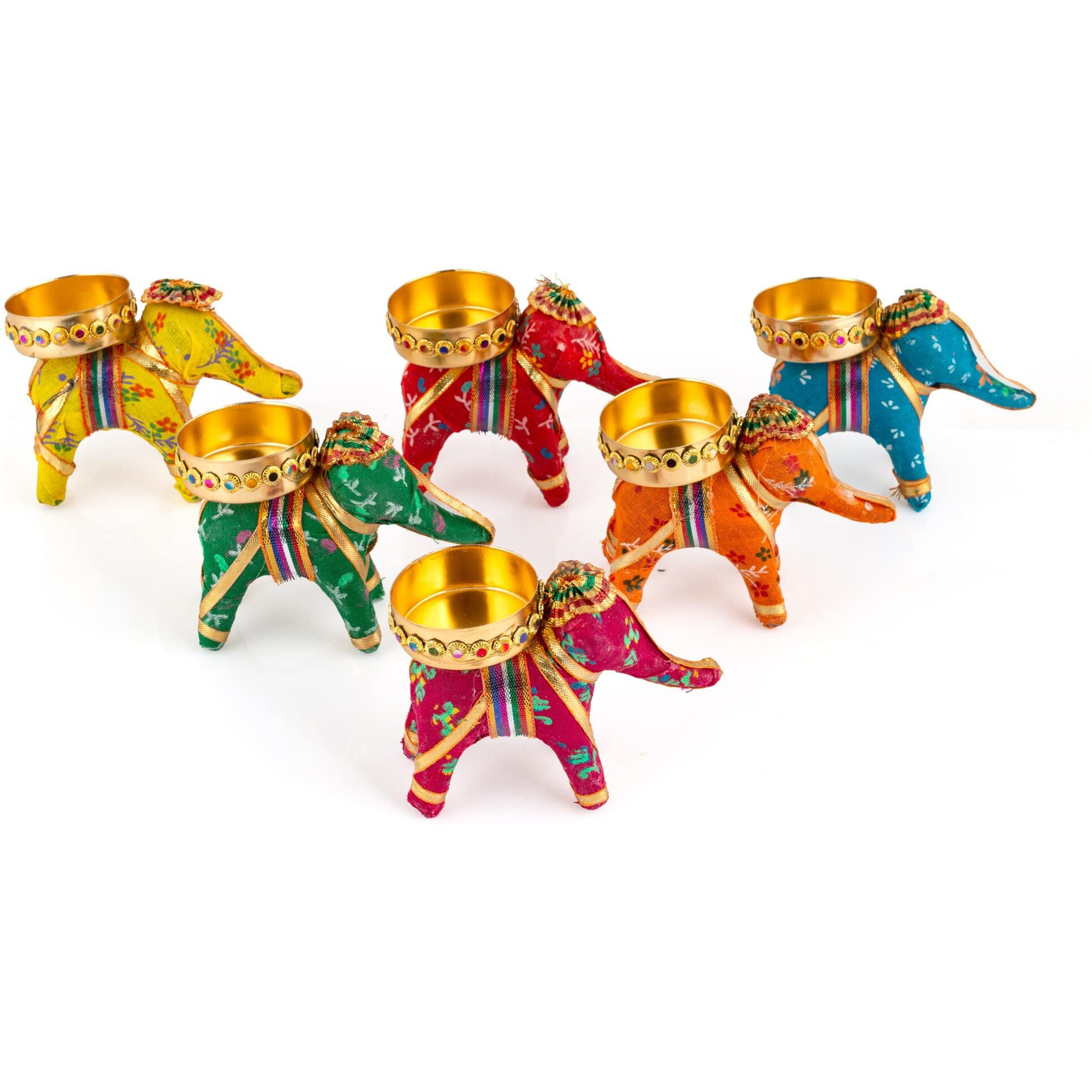 Jh Gallery Handcrafted Recycled Material Elephant Tealight Candle Holder Home Decoration Item For Diwali Decor (Multicolor, 8 X 5 X 10 Cm) - Pack Of 6