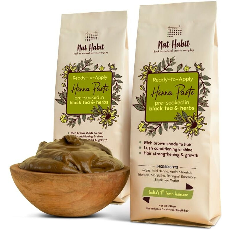 Nat Habit - Fresh Ready To Apply Henna Paste, Pre-Soaked In Black Tea And Herbs,100% Natural Rajasthani Henna, Imparts Rich Brown Shade (Pack Of 2 X 220G)