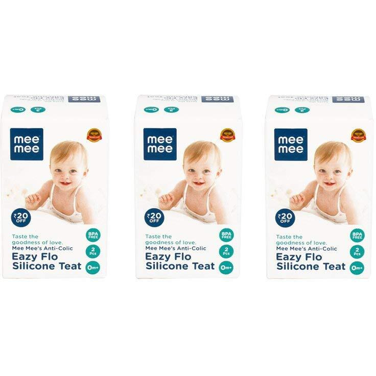 Mee Mee Anti-Colic Easy Flo Silicone Teat, White - Large - 6 Pieces (Pack Of 3)
