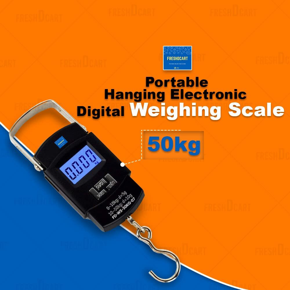 Freshdcart Heavy Duty Portable Hook Weighing Machine Digital Type Manual Weight M/C 10 Kg-50Kg Temp Scale For Home, Kitchen, Traveling ( Black, Fdc-990 )