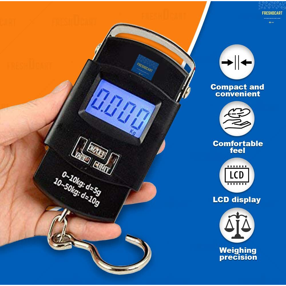 Freshdcart Heavy Duty Portable Hook Weighing Machine Digital Type Manual Weight M/C 10 Kg-50Kg Temp Scale For Home, Kitchen, Traveling ( Black, Fdc-990 )