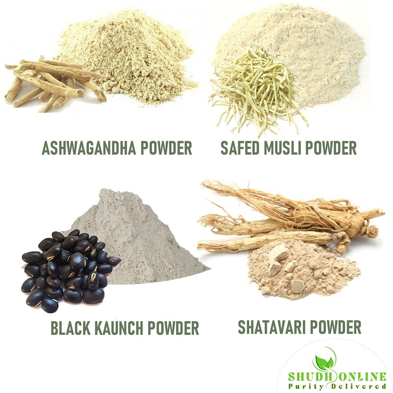 Shudh Online Safed Musli, Ashwagandha, Kaunch, Shatavari Powder Combo (Pack Of 50 Grams X 4 Combo)