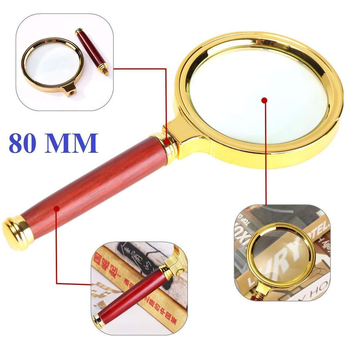 Zebroc Double Glass 3X High Power Antique Handheld Magnifier Magnifying Glass For Reading, Soldering, Jewelries, Maps, Great For Gifting (3X, 80Mm, Gold + Red)