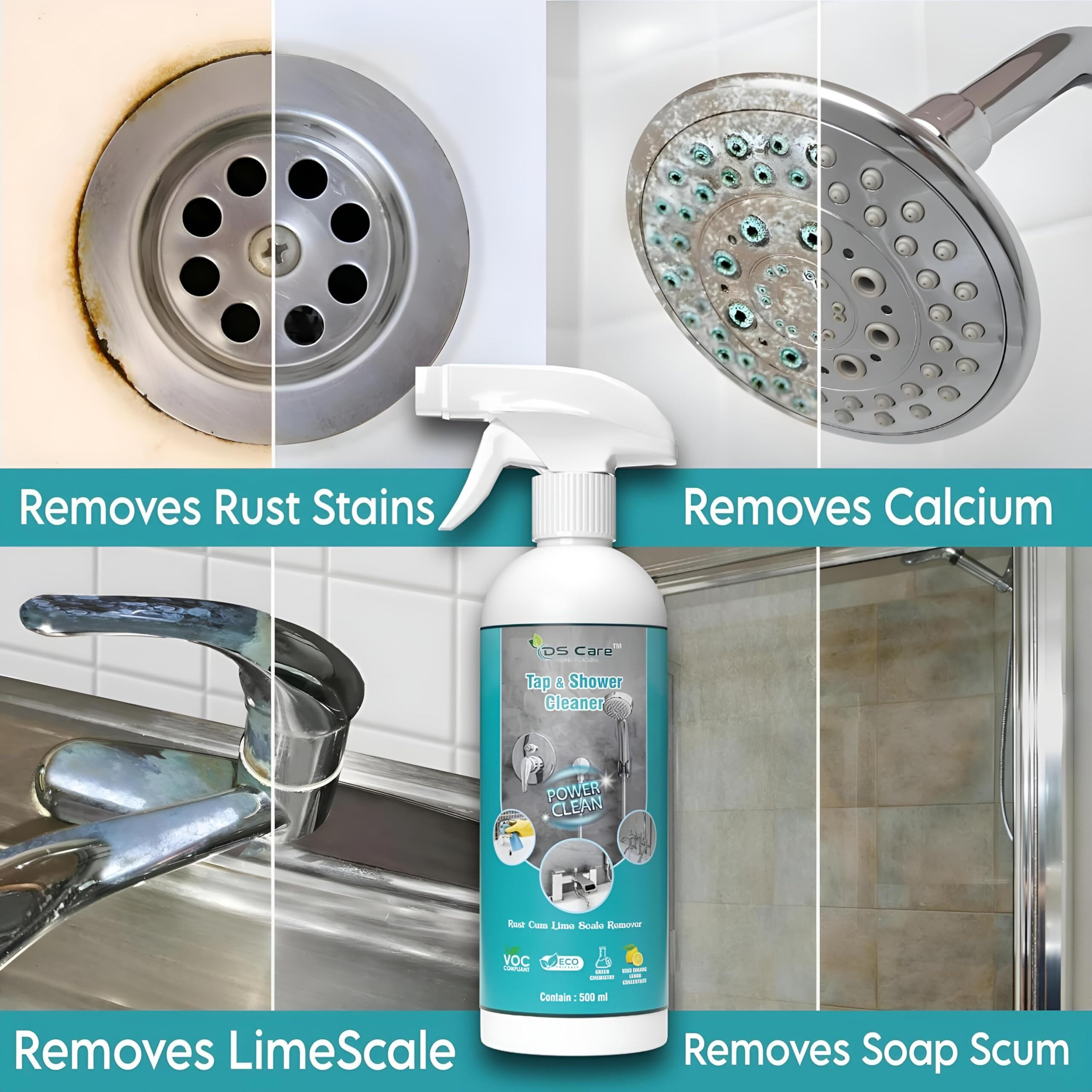 Ds Care Multipurpose Tap & Shower Cleaner Powerful Solution For Keeping Your Bathroom Clean. It Effectively Removes Tough Stains Rust, Limescale, And Hard Water Deposits 500 Ml (Pack 1)