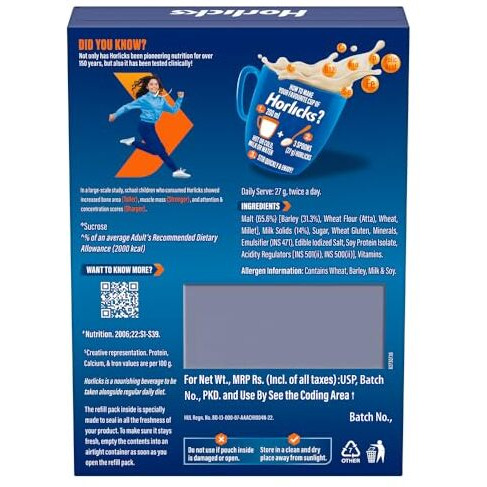Horlicks Nutrition Drink Refill - 500 G - Classic Malt - Clinically Proven To Make Kids Taller, Stronger, Sharper
