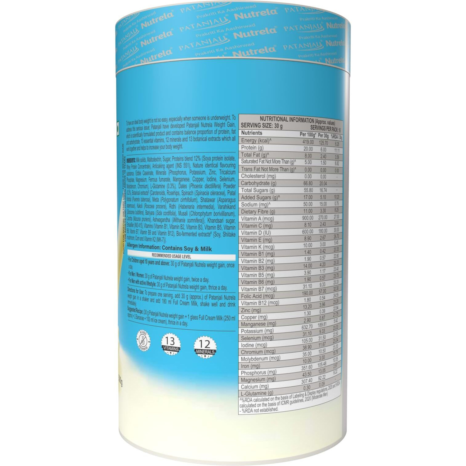 Nutrela Weight Gainer Powder - 500 Gram, Banana Flavour | 20G Protein, 66.8 Carbs, 13 Vitamins & 12 Minerals With Khandsari Sugar | Ideal For Athlete, Men, Women & Kids Above 10 Year