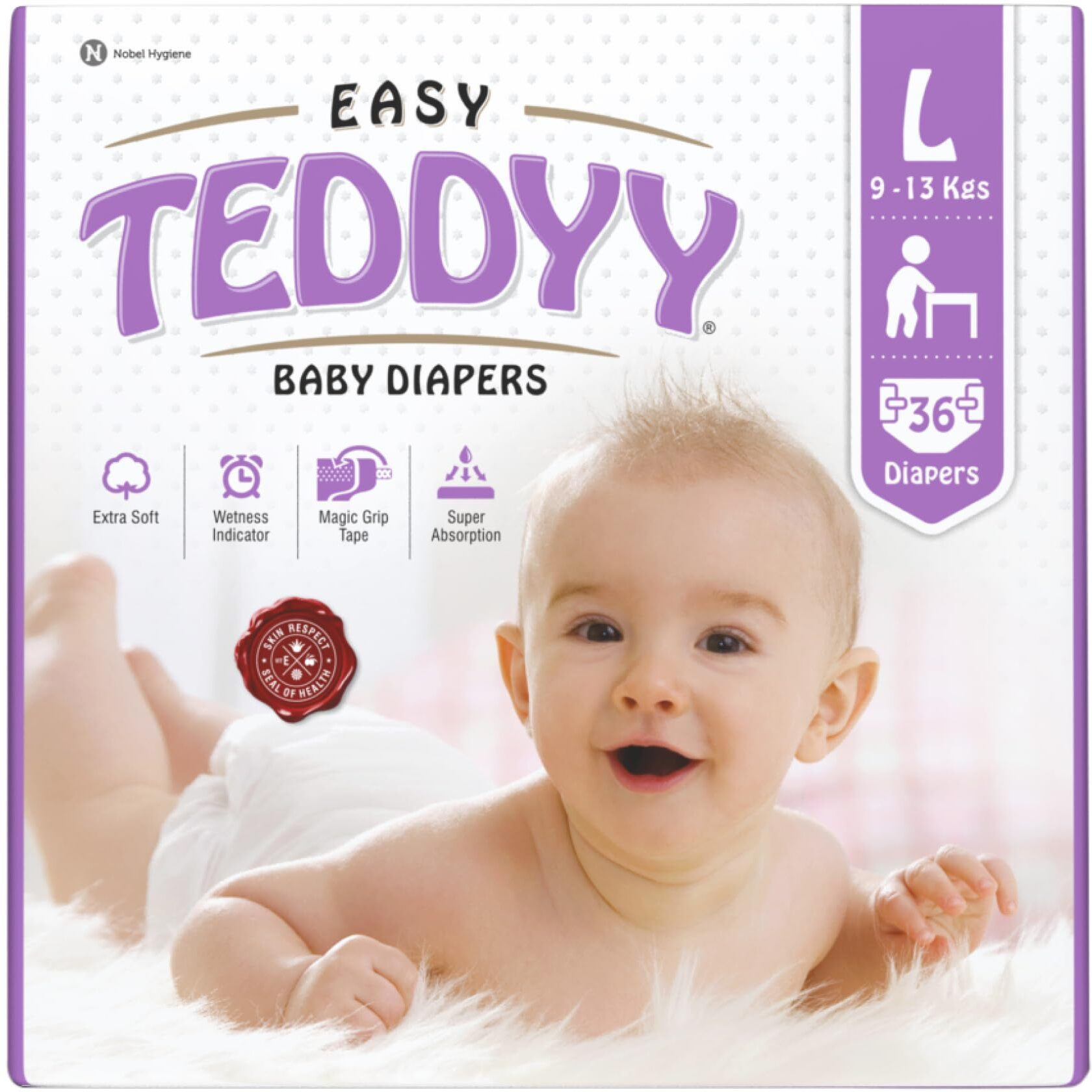 Teddyy Easy Baby Large Size Diaper (36 Count), 9-13 Kgs, Long Lasting Absorption, Anti - Rash