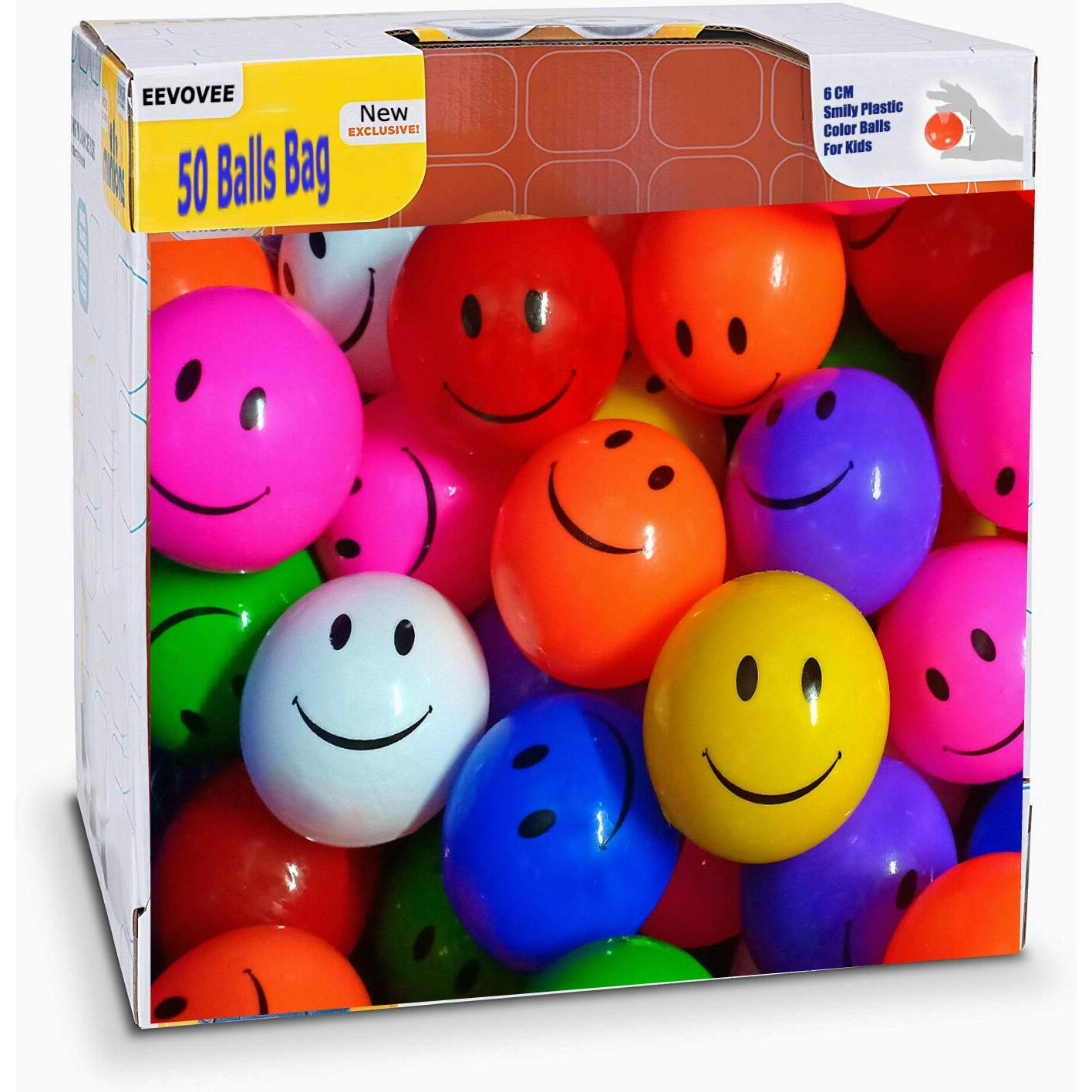 Eeovee, 50 Pcs 6 Cm Big Smiley Soft And Safe Pool Balls For Kids. 8 Colorful, (Bpa-Free And Non-Toxic Plastic Balls For Kids - Isi 9873 Safety Certified).