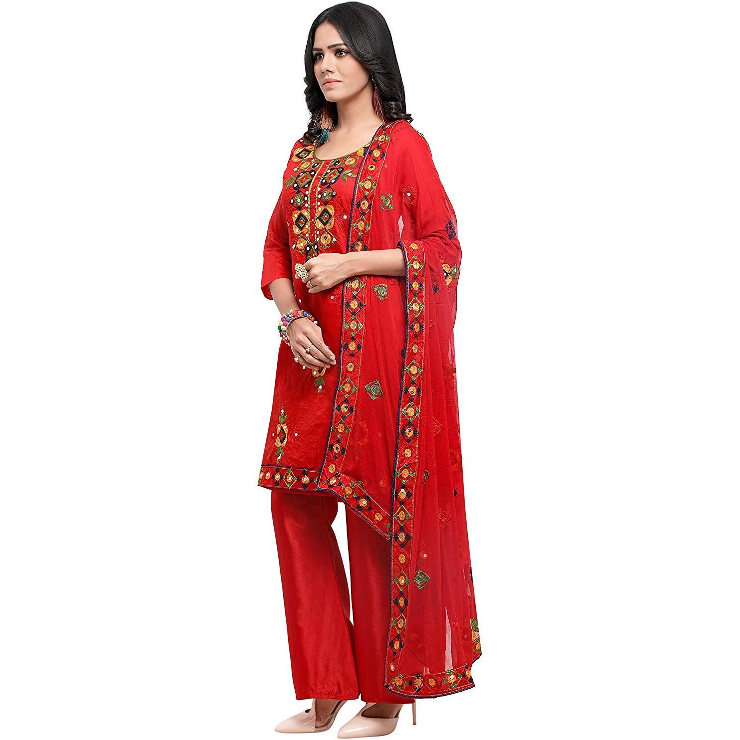 Ethnicjunction Women Chanderi Cotton Un-Stitched Salwar Kameez Dress Material (Ej1180_Red_Free Size)