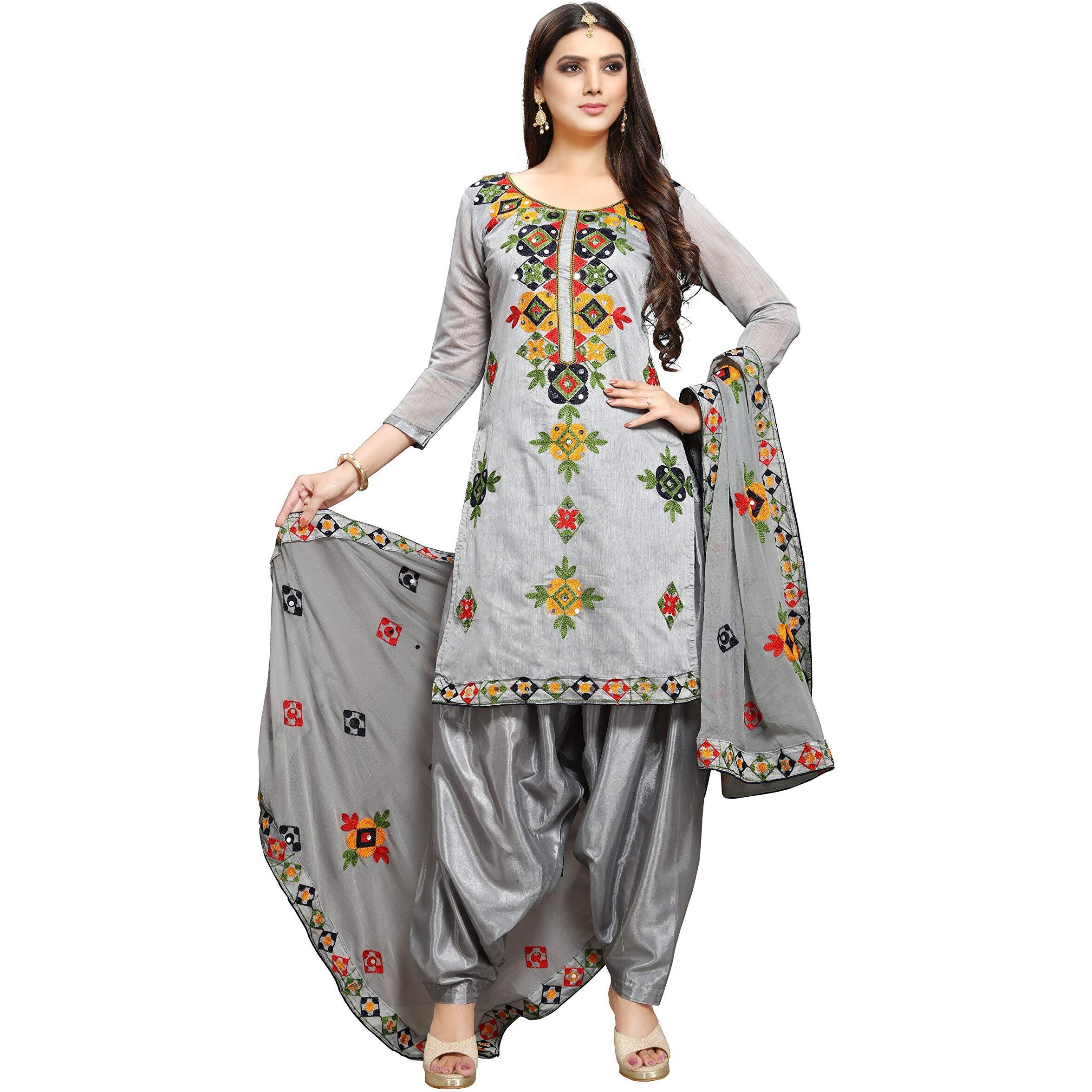 Ethnicjunction Women's I Mirror Work Chanderi Embroidery Unstitched Salwar Kameez Dress Material (Light Grey)