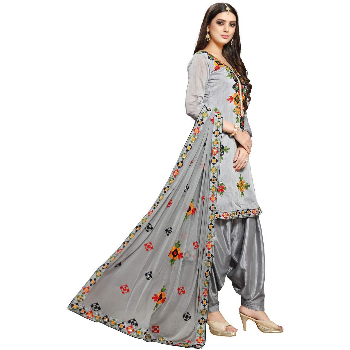 Ethnicjunction Women's I Mirror Work Chanderi Embroidery Unstitched Salwar Kameez Dress Material (Light Grey)