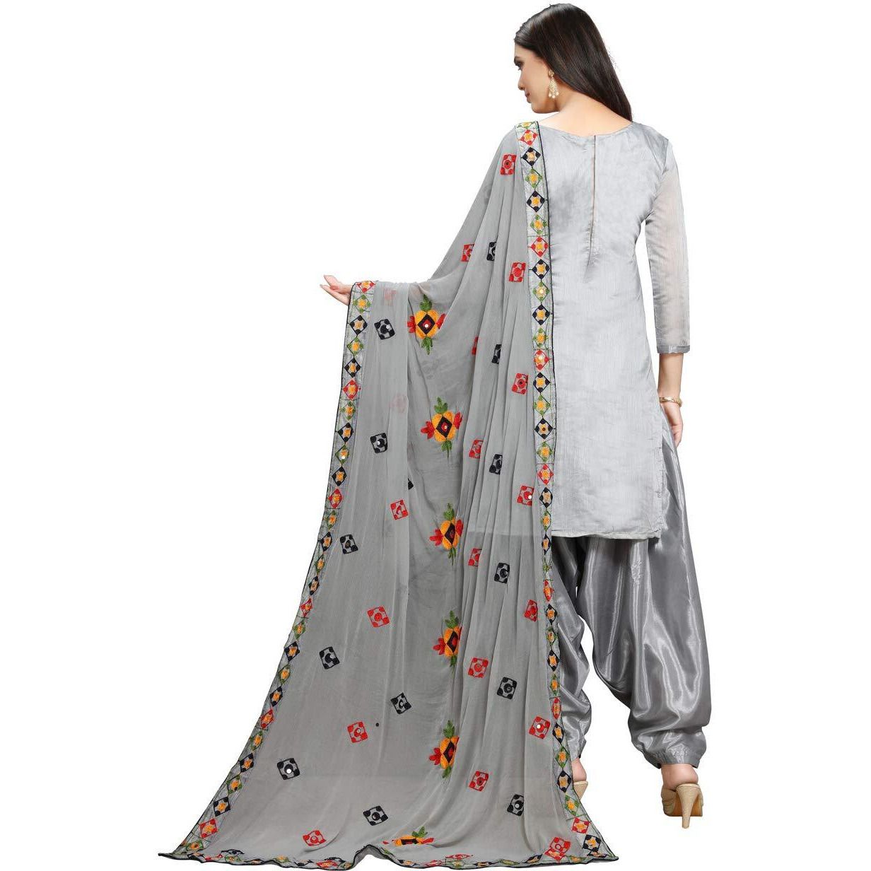 Ethnicjunction Women's I Mirror Work Chanderi Embroidery Unstitched Salwar Kameez Dress Material (Light Grey)