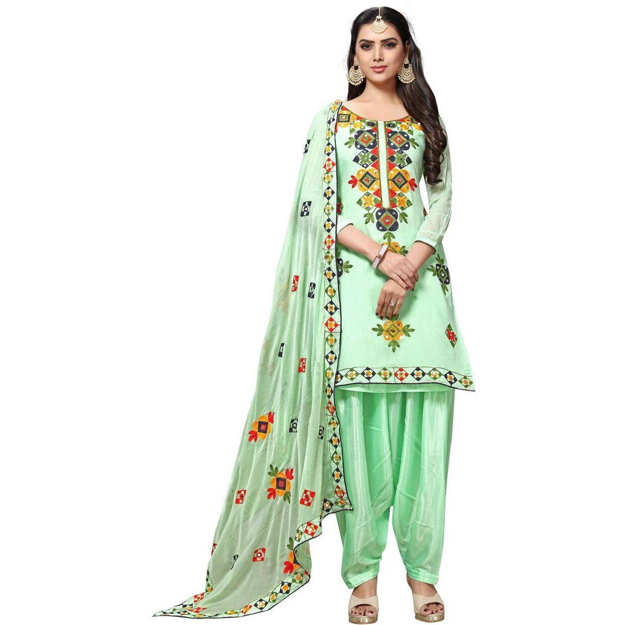 Ethnicjunction Women Chanderi Cotton Un-Stitched Salwar Kameez Dress Material (Ej1180_Light Green_Free Size)