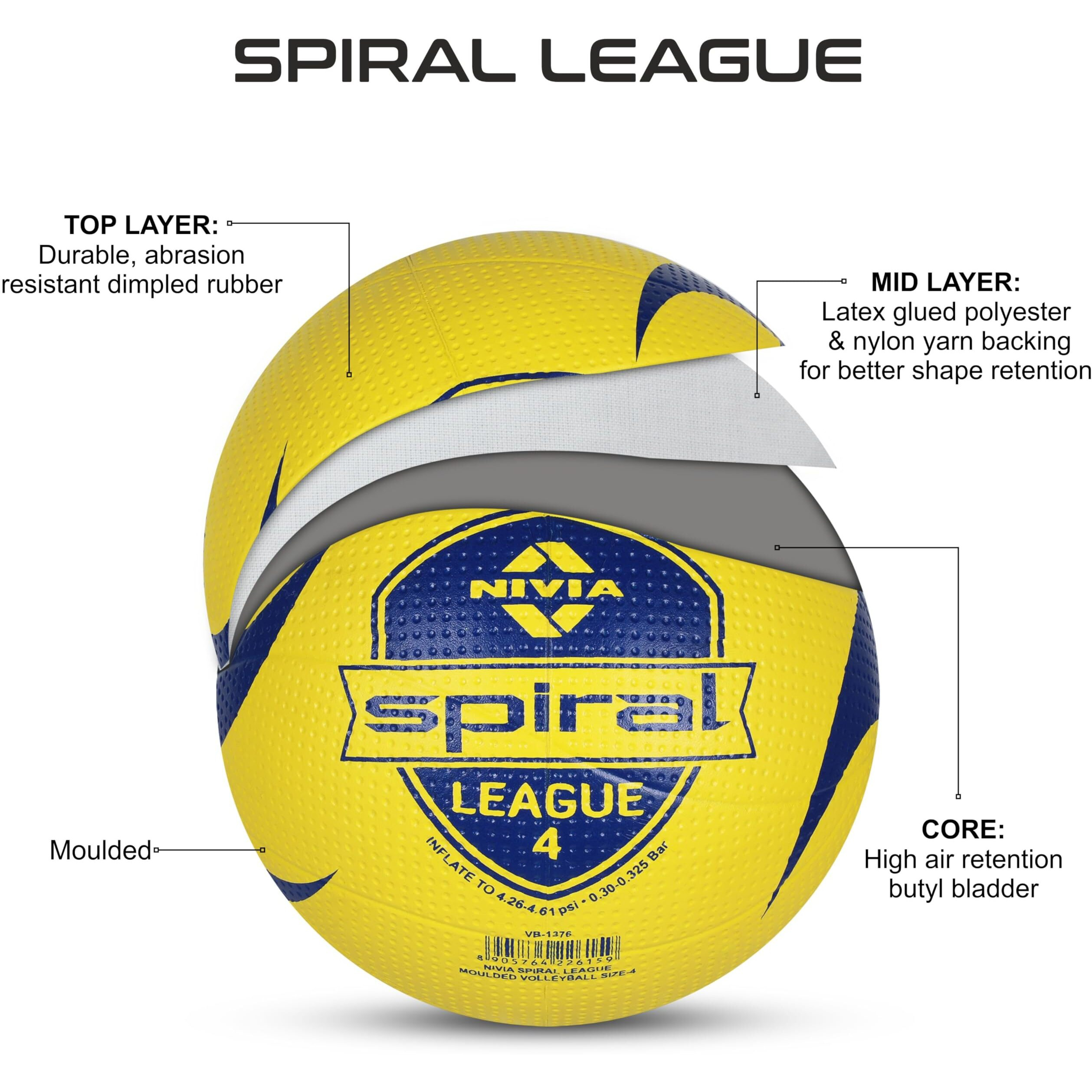 Nivia Spiral League Volleyball, Training Ball, 10 Panels, Rubber Molded With Dimpled Texture, Butyl Threadwounded Bladder, As Per Basic Standard, Made For Beginners, To Play On Outdoor Surfaces