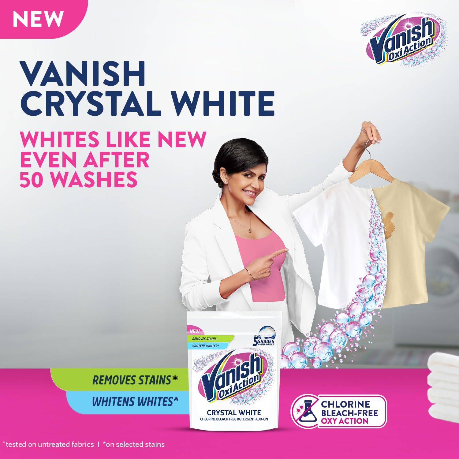 Vanish Crystal White 400 Gm, Fabric Whitener | Detergent Add-On Powder | Whites Like New | Instant Stain Remover | Chlorine Bleach Free | Suitable With All Washing Detergent Powders And Liquids