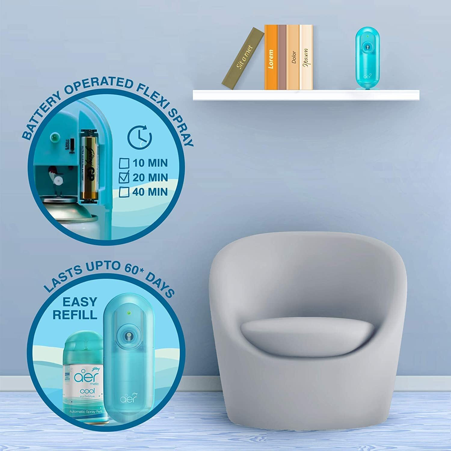 Godrej Aer Matic Refill - Automatic Room Fresheners | Cool Surf Blue | 2200 Sprays Guaranteed | Lasts Up To 60 Days (225Ml)