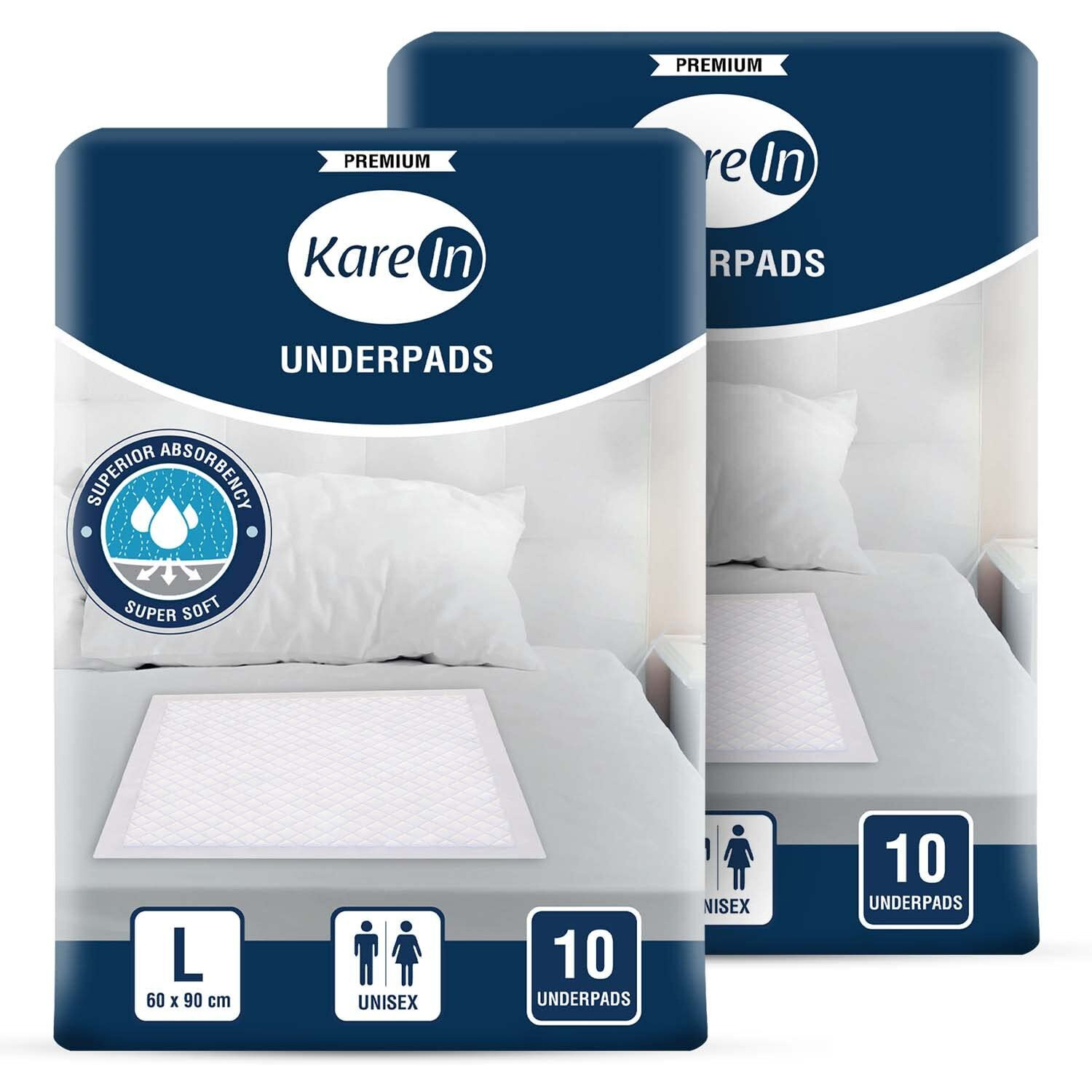 Karein Premium Underpads, Large 60 X 90 Cm, 20 Count, High Absorbency, Leak Proof, Pack Of 2