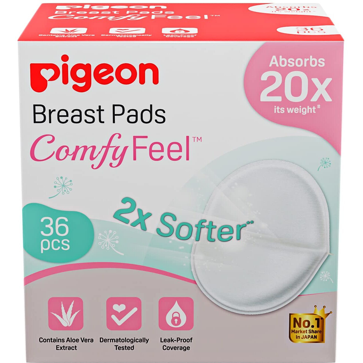Pigeon Disposable Breast Pads,Comfy Feel,2X Softer,Gentle On Skin,Stay Dry All Day,Aloe Vera Extract,Dermatologically Test,Leak Proof Coverage,White36 Pcs,
