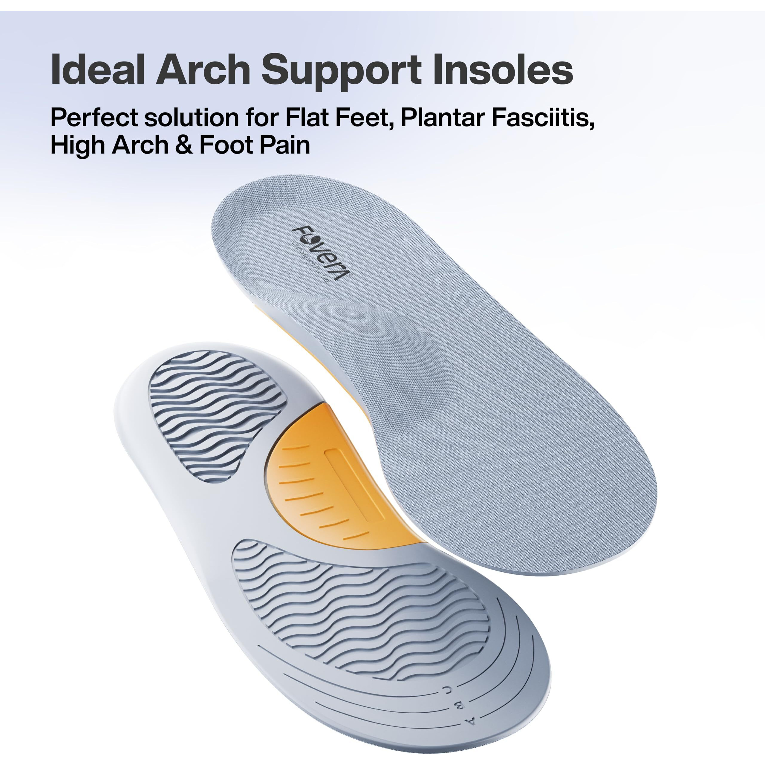 Fovera Arch Support Gel Insole Pair - Shoe Inserts For Flat Feet, Plantar Fasciitis, High Arch, Foot Pain - Full Length Orthotics For All-Day Comfort (Male (Large), 1 Pair)