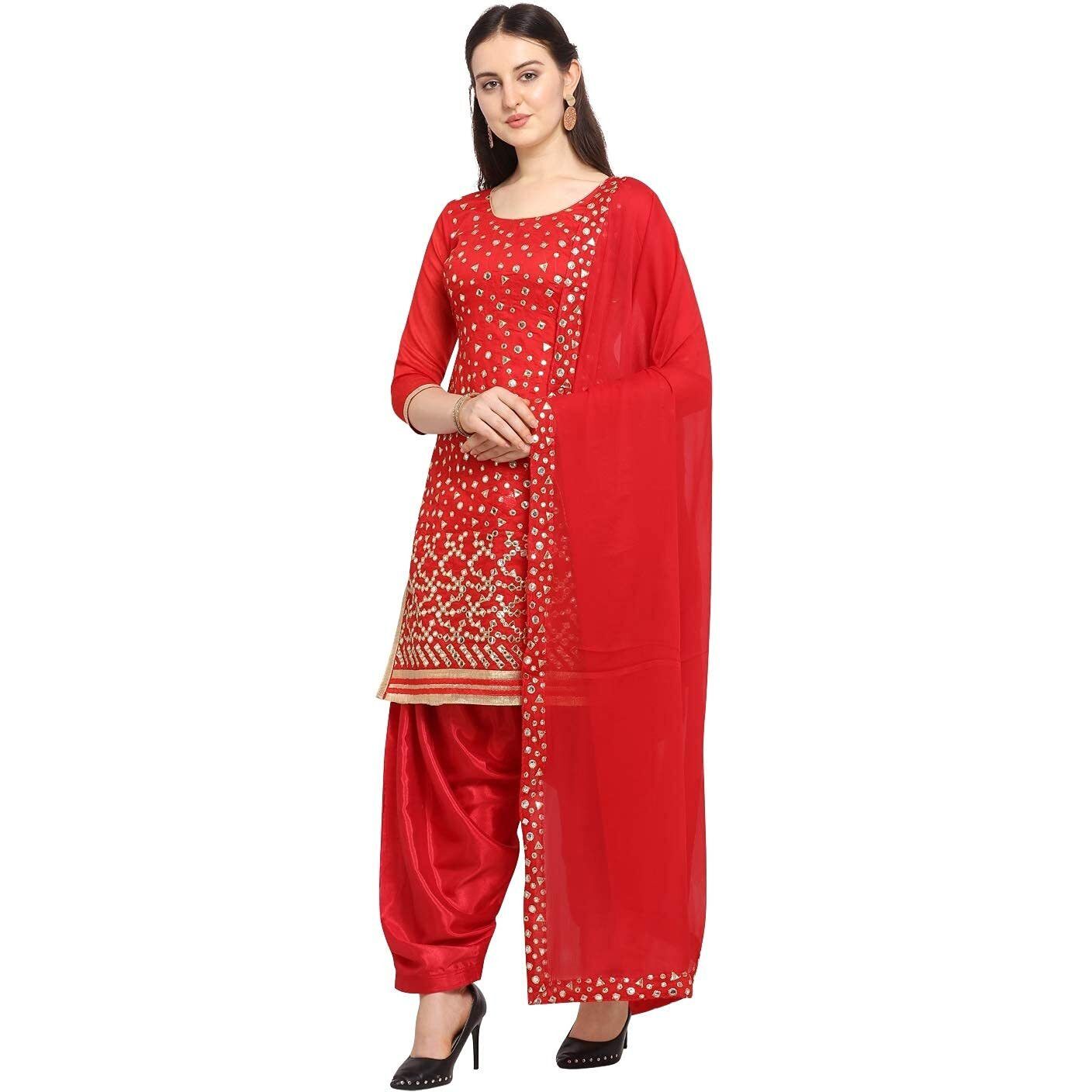 Ethnicjunction Women's Chanderi Cotton Mirror Work Unstitched Salwar Suit Material (Ej3017-Mirror - Red_Red)