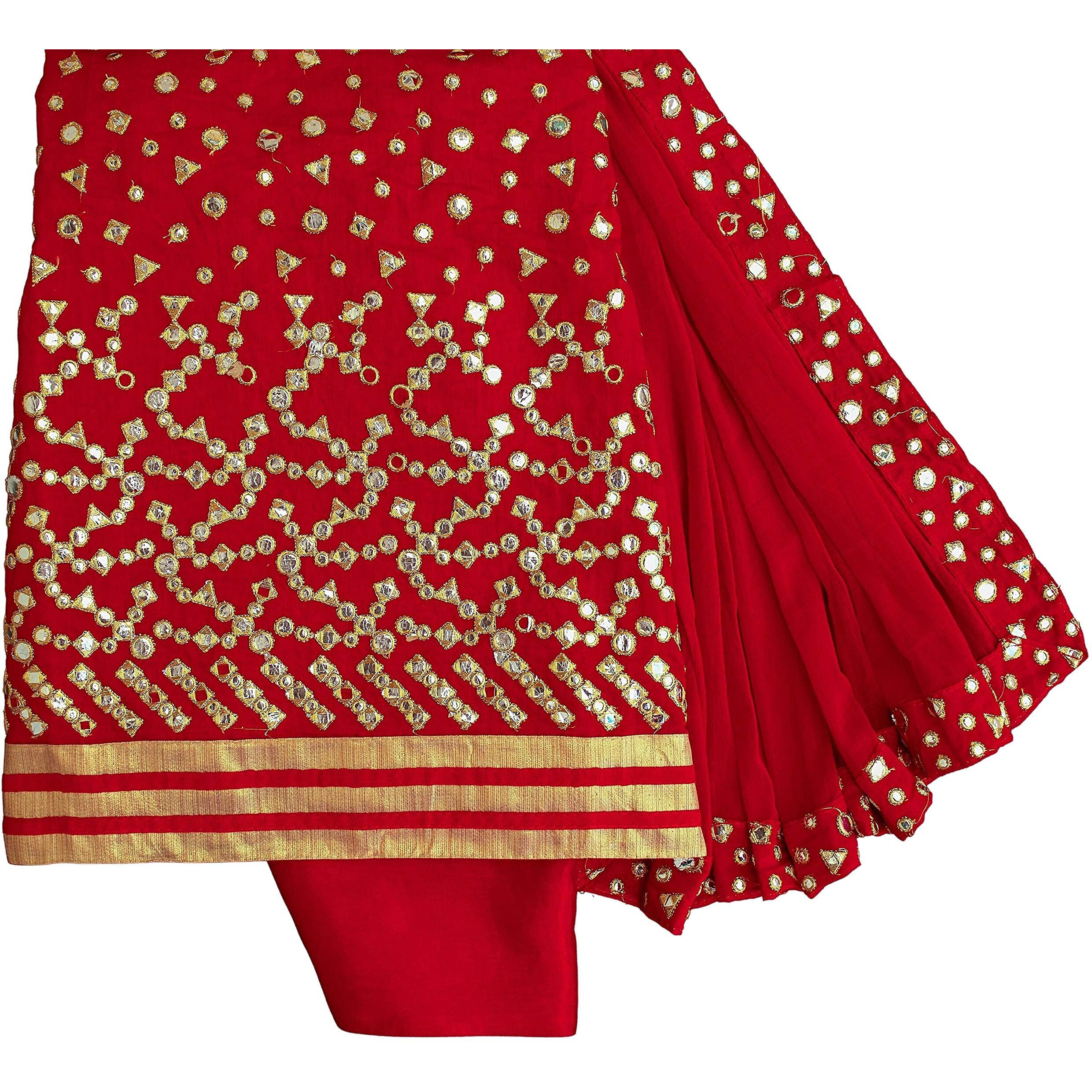 Ethnicjunction Women's Chanderi Cotton Mirror Work Unstitched Salwar Suit Material (Ej3017-Mirror - Red_Red)