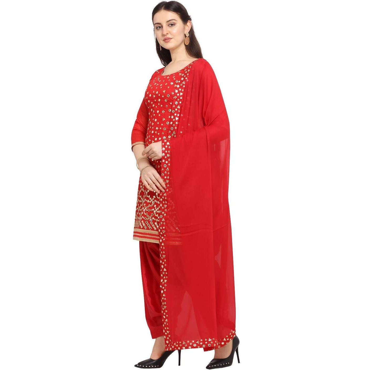 Ethnicjunction Women's Chanderi Cotton Mirror Work Unstitched Salwar Suit Material (Ej3017-Mirror - Red_Red)