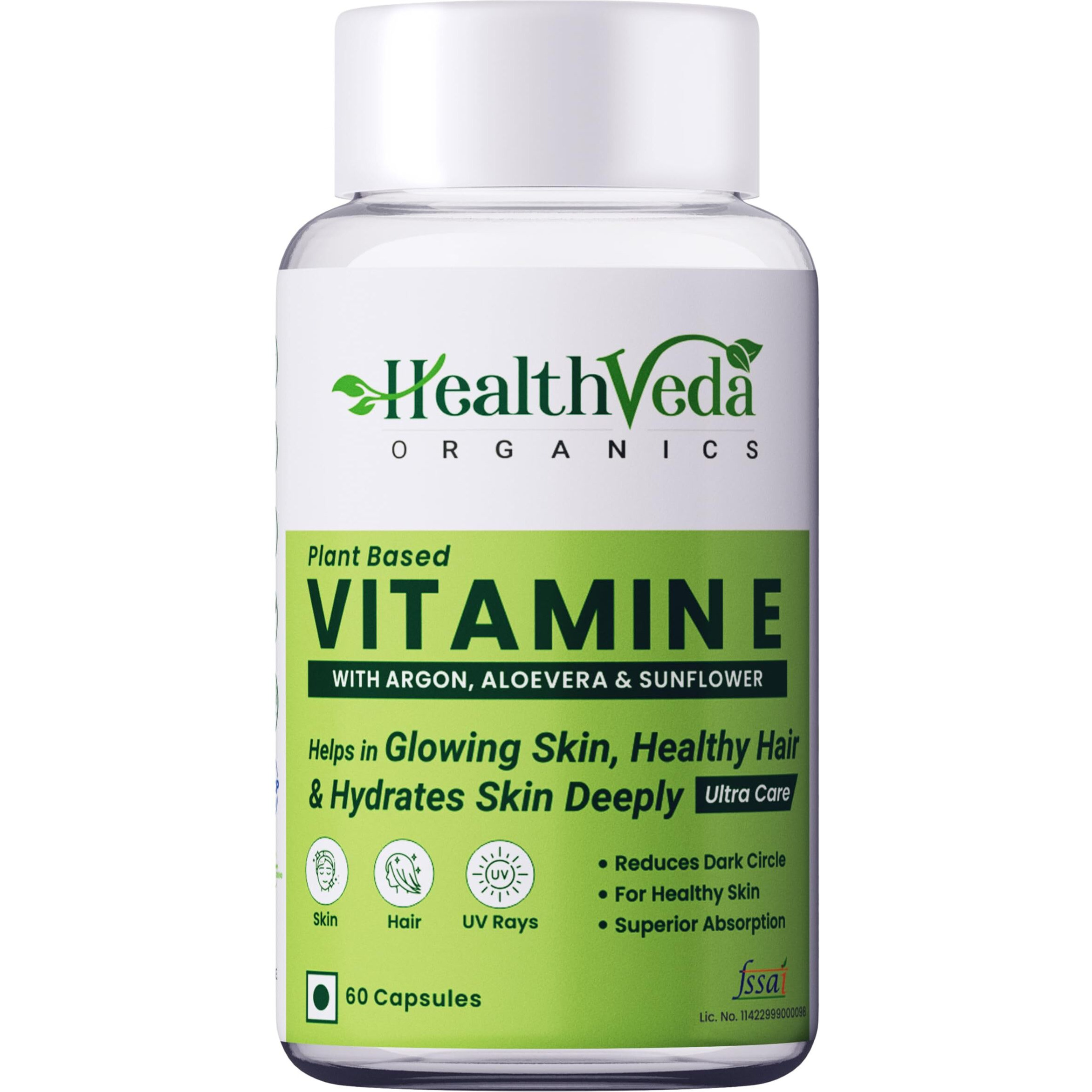 Health Veda Organics Private Limited Vitamin E, 60 Veg Capsules For Skin And Hair, With Argan & Aloe Vera, Antioxidant Support, Naturally Nourished Skin & Hair For Men & Women