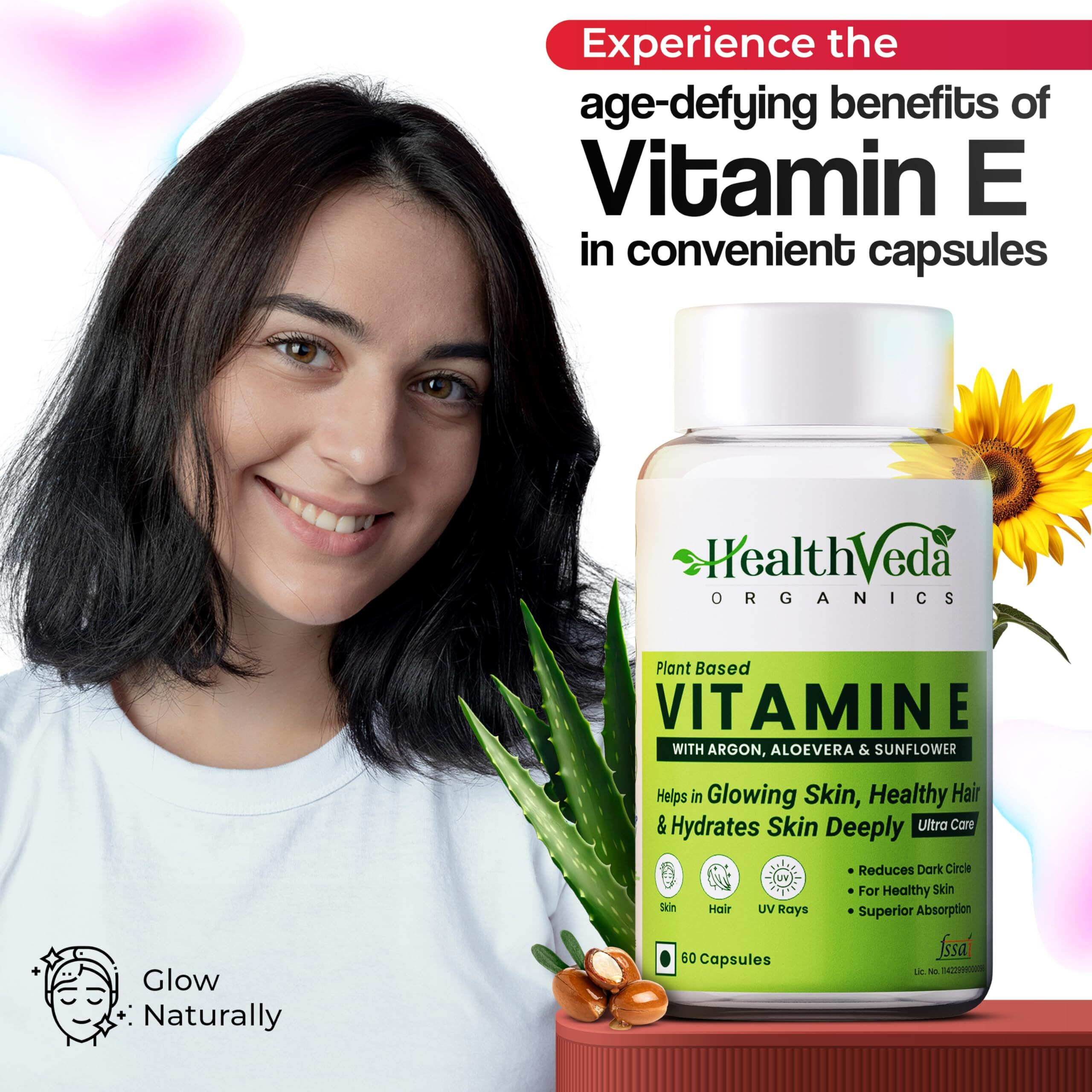 Health Veda Organics Private Limited Vitamin E, 60 Veg Capsules For Skin And Hair, With Argan & Aloe Vera, Antioxidant Support, Naturally Nourished Skin & Hair For Men & Women