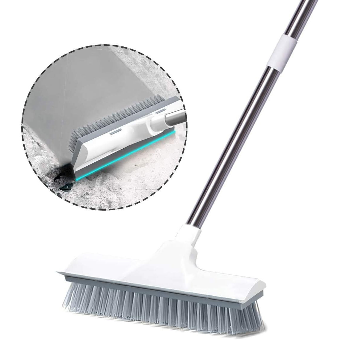 Noridy 2 In 1 Bathroom Cleaning Brush Floor Scrub Bathroom Brush With Long Handle Floor Scrub Cleaning Brush With Wiper For Kitchen, Bathroom,Wall And Deck, Stainless Steel , White Brush