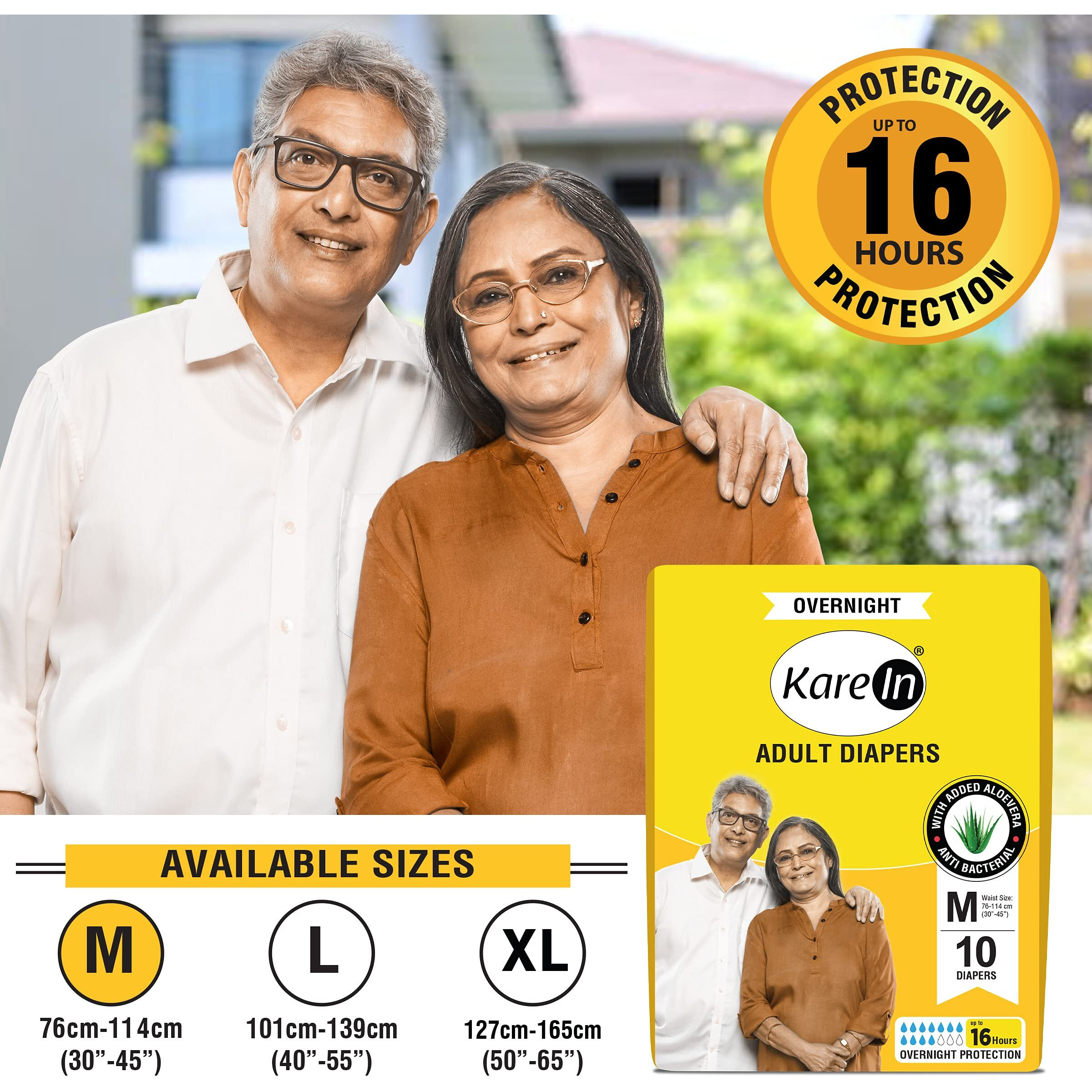 Karein Overnight Adult Diapers, Medium, Waist Size 76-114 Cm (30"- 45"), 10 Count, Tape Style, High Absorbency, Odour Free, Anti-Bacterial, Adl, Leak Proof, Pack Of 1, Unisexadult