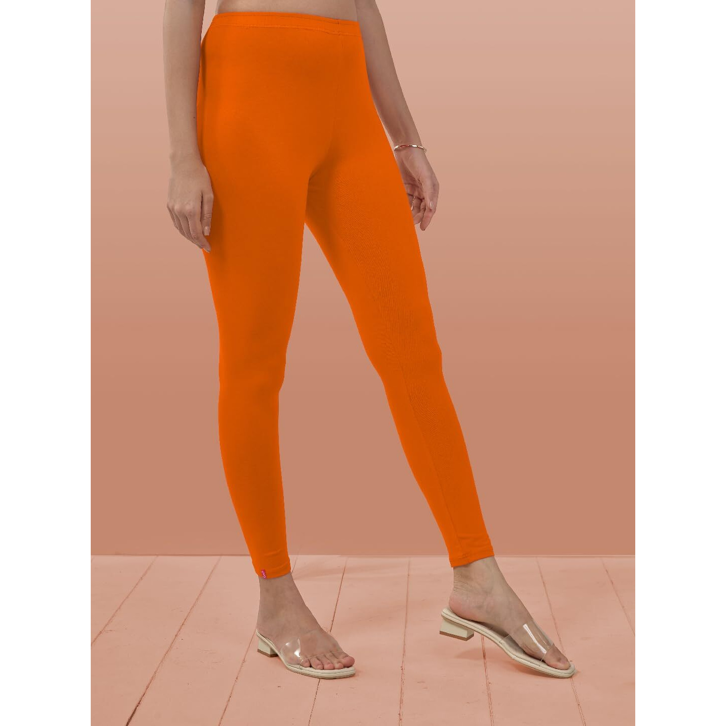 Lyra Women Solid Premium Cotton Ankle Length Leggings | Mid-Waist | Fashionwear Saffron
