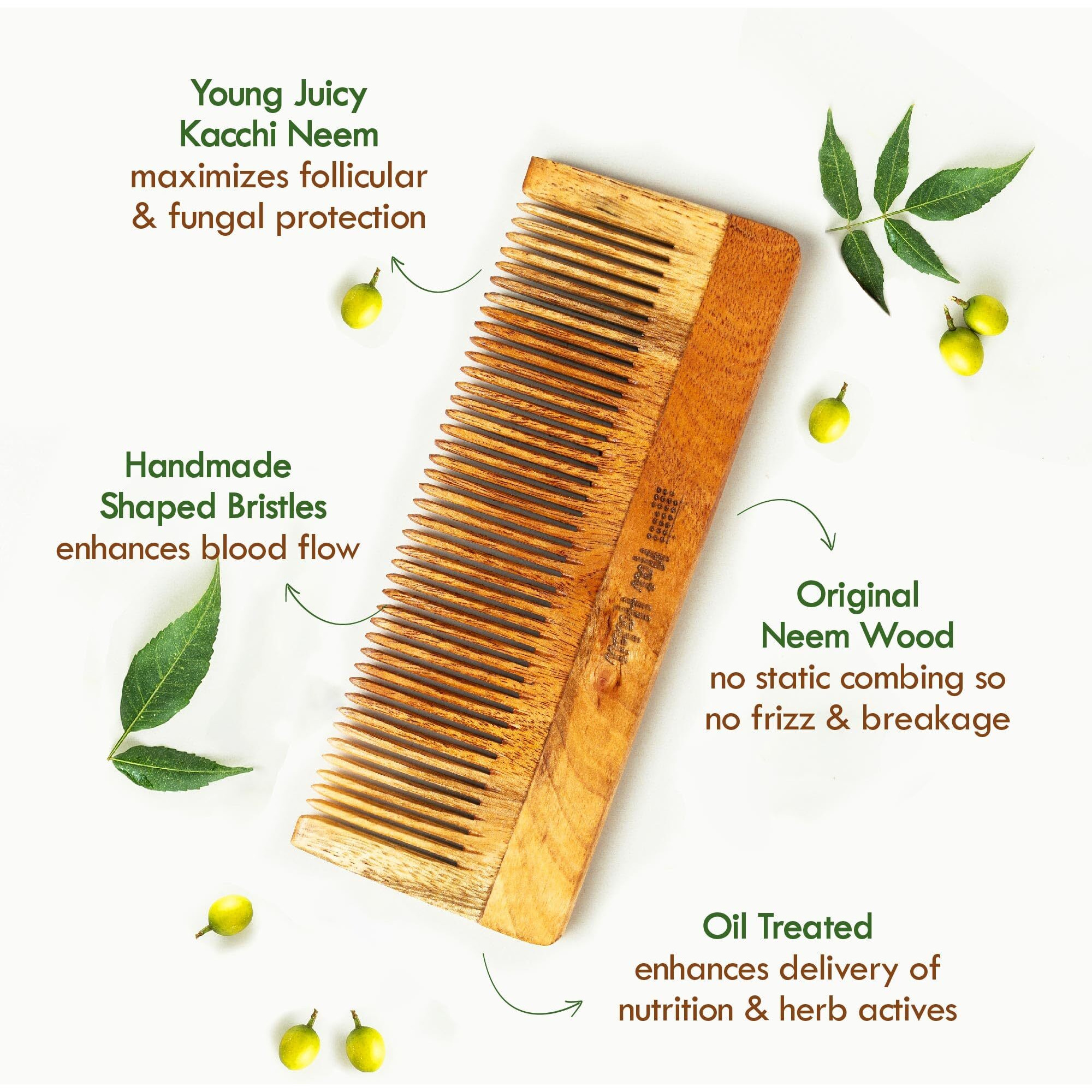 Nat Habit Kacchi Neem Comb Fine Tooth Styling & Wide Tooth Shampoo Combo, Soaked In 17 Herbs, Neem & Sesame Oil, For Post Shampoo Detangling & Daily Styling, Suited For Short & Long Hair (Large Size)