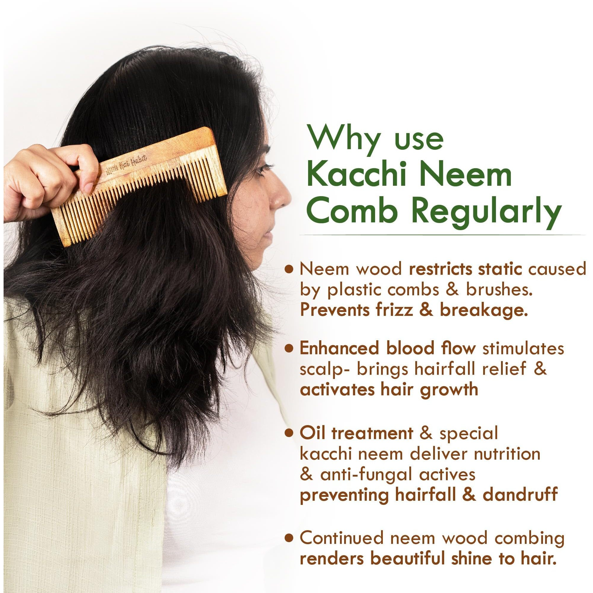 Nat Habit Kacchi Neem Comb Fine Tooth Styling & Wide Tooth Shampoo Combo, Soaked In 17 Herbs, Neem & Sesame Oil, For Post Shampoo Detangling & Daily Styling, Suited For Short & Long Hair (Large Size)