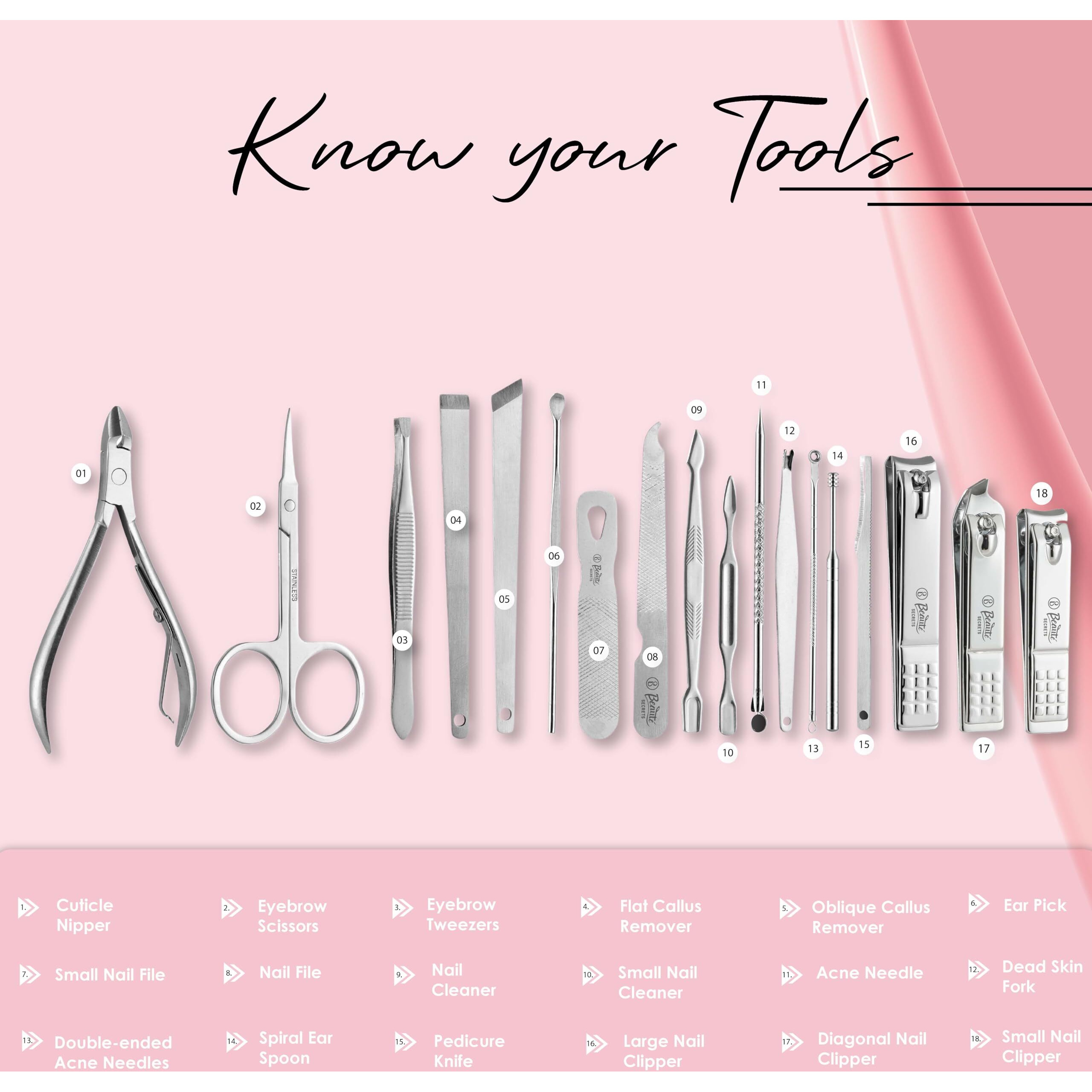 Beaut Secrets Essentials 18 Pieces Manicure Kit, Pedicure Tools For Feet, Nail Clipper, Ear Pick Tweezers, Manicure Pedicure Set For Women And Men (Pink)