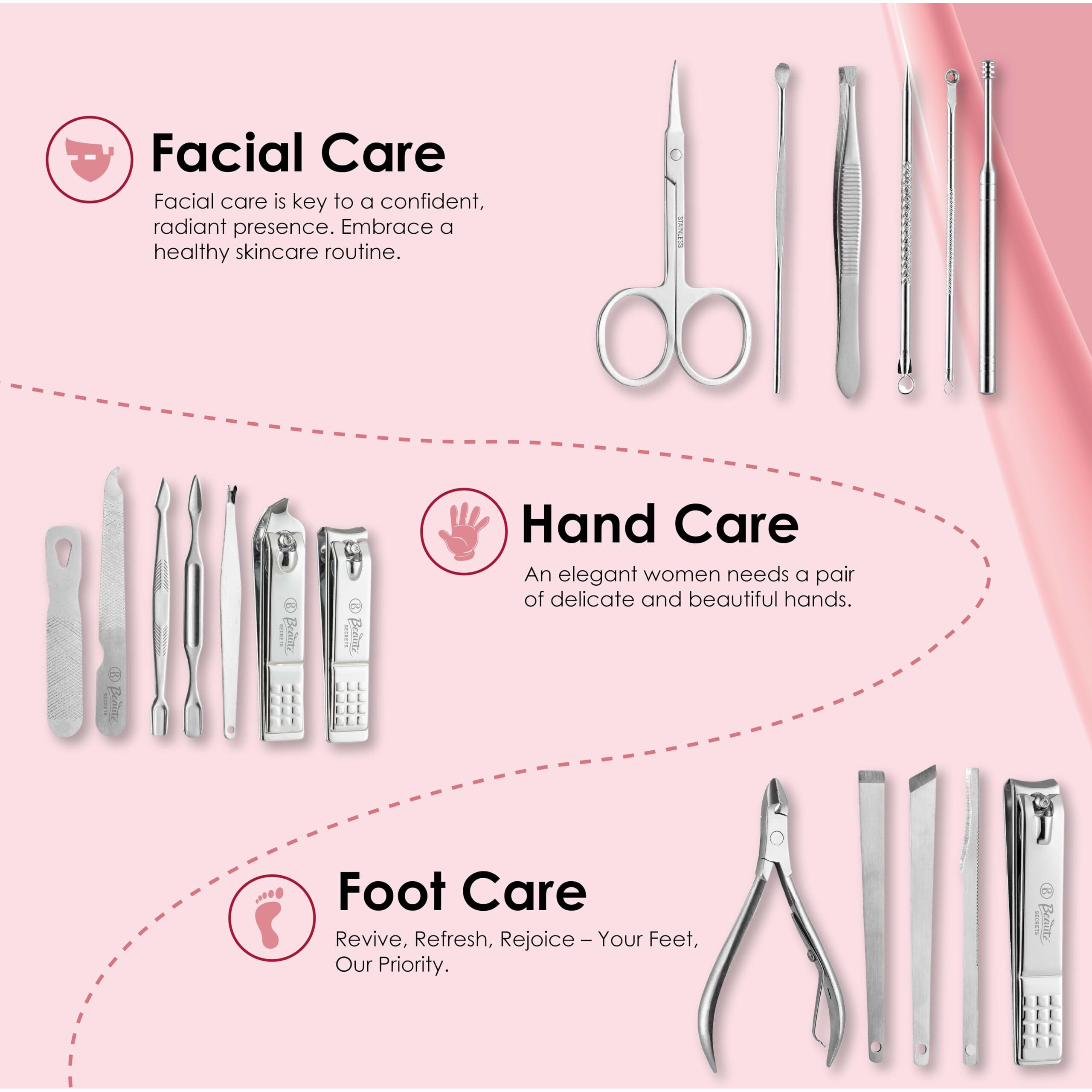 Beaut Secrets Essentials 18 Pieces Manicure Kit, Pedicure Tools For Feet, Nail Clipper, Ear Pick Tweezers, Manicure Pedicure Set For Women And Men (Pink)