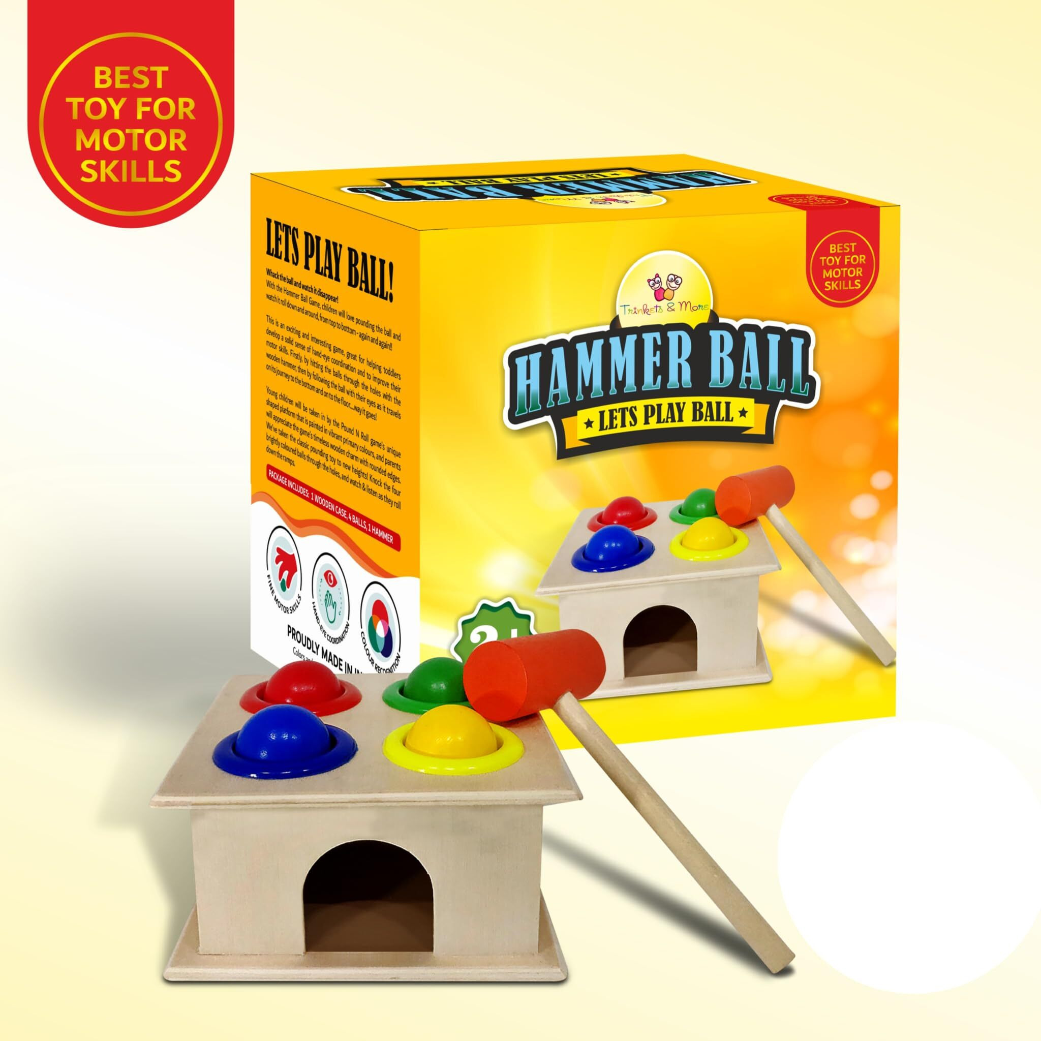 Trinkets & More - Wooden Hammer Ball Knock Pounding Bench With Box Case Fine Motor And Dexterity Skills Early Educational Toy Set For Kids 3+ Years (Hammer Ball)
