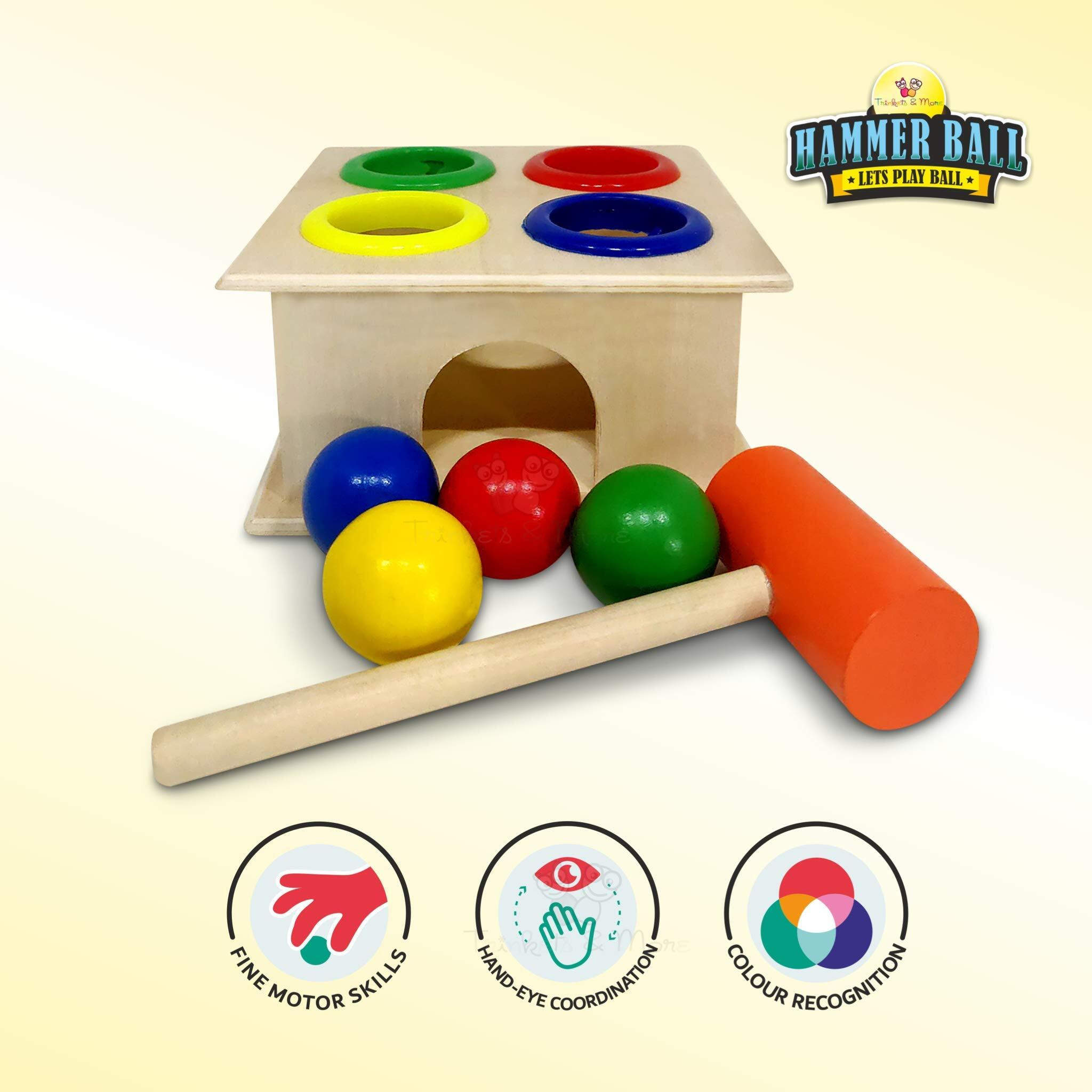 Trinkets & More - Wooden Hammer Ball Knock Pounding Bench With Box Case Fine Motor And Dexterity Skills Early Educational Toy Set For Kids 3+ Years (Hammer Ball)