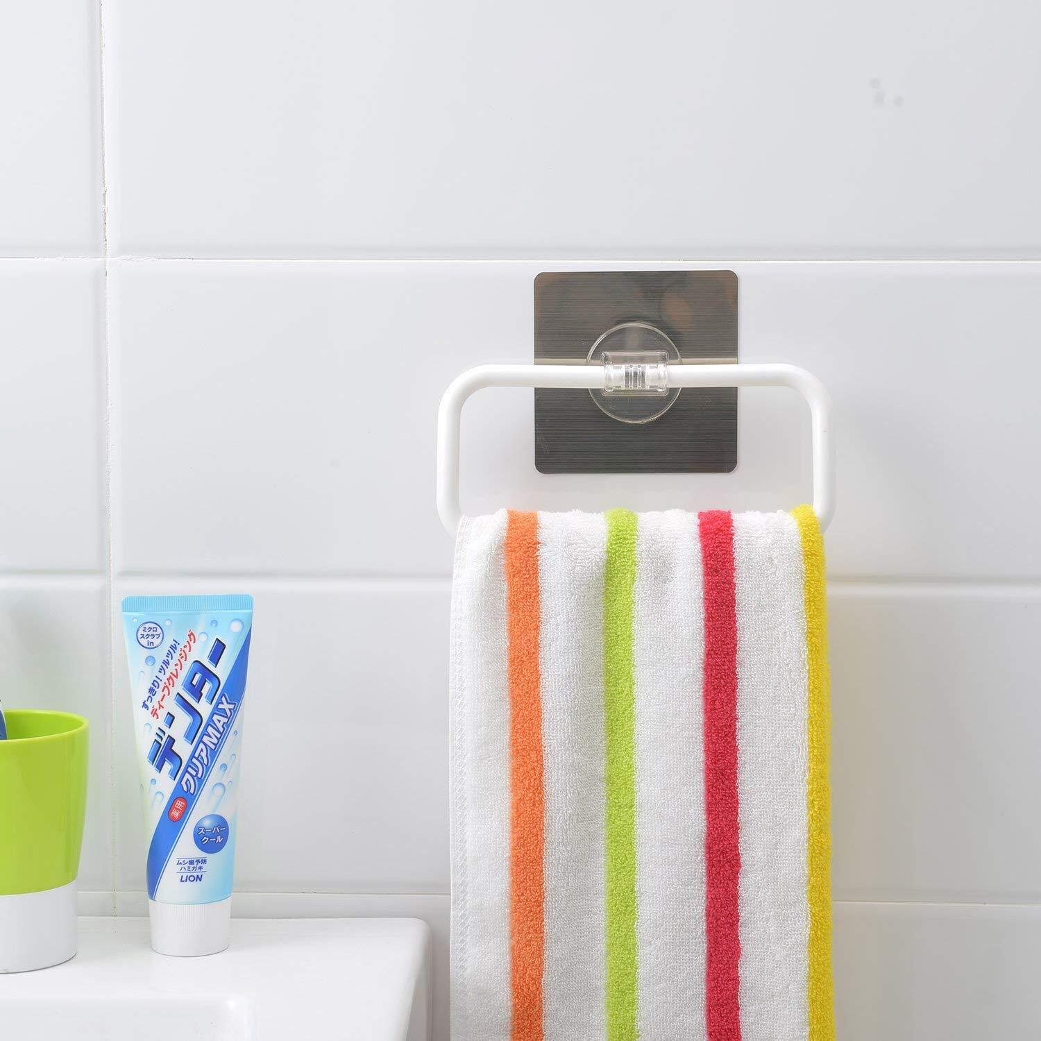 Zollyss Magic Sticker Series Self-Adhesive Plastic Towel Holder Hanger (White) - (Pack Of 1)