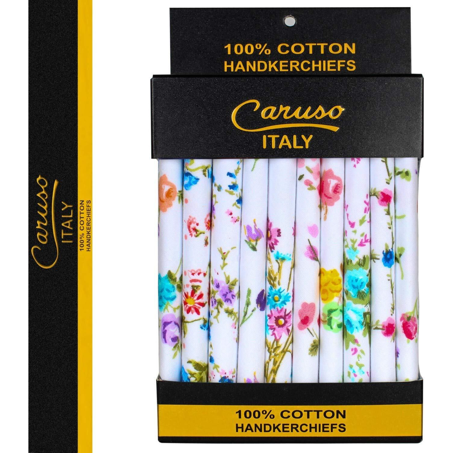 Caruso Italy Women's Floral 100% Pure Cotton Handkerchief White - Pack Of 10