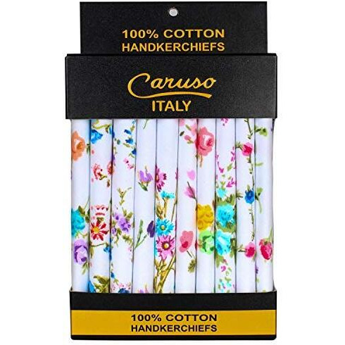 Caruso Italy Women's Floral 100% Pure Cotton Handkerchief White - Pack Of 10