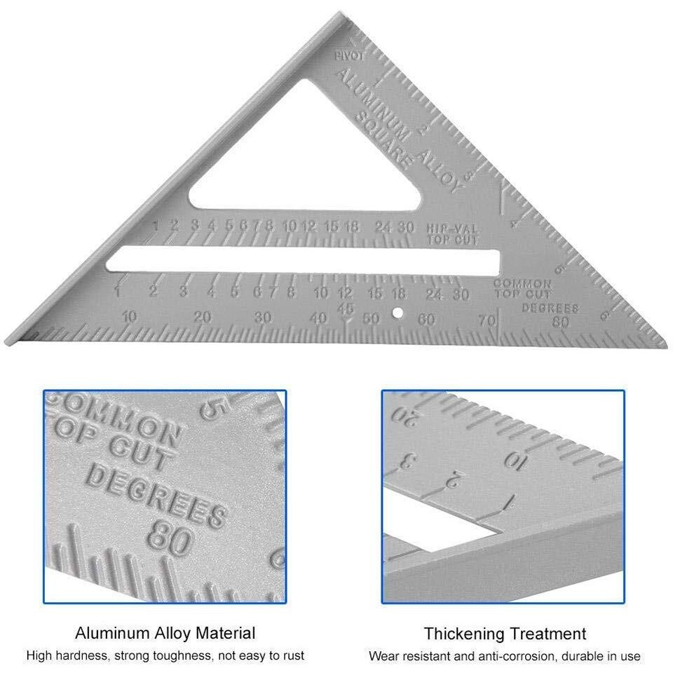 Inrali Speed Square Layout Tool,Double Side Scale Aluminium Alloy Metric Inch Triangle Measurement In 90 Degree Triangle Ruler Carpenter Tool
