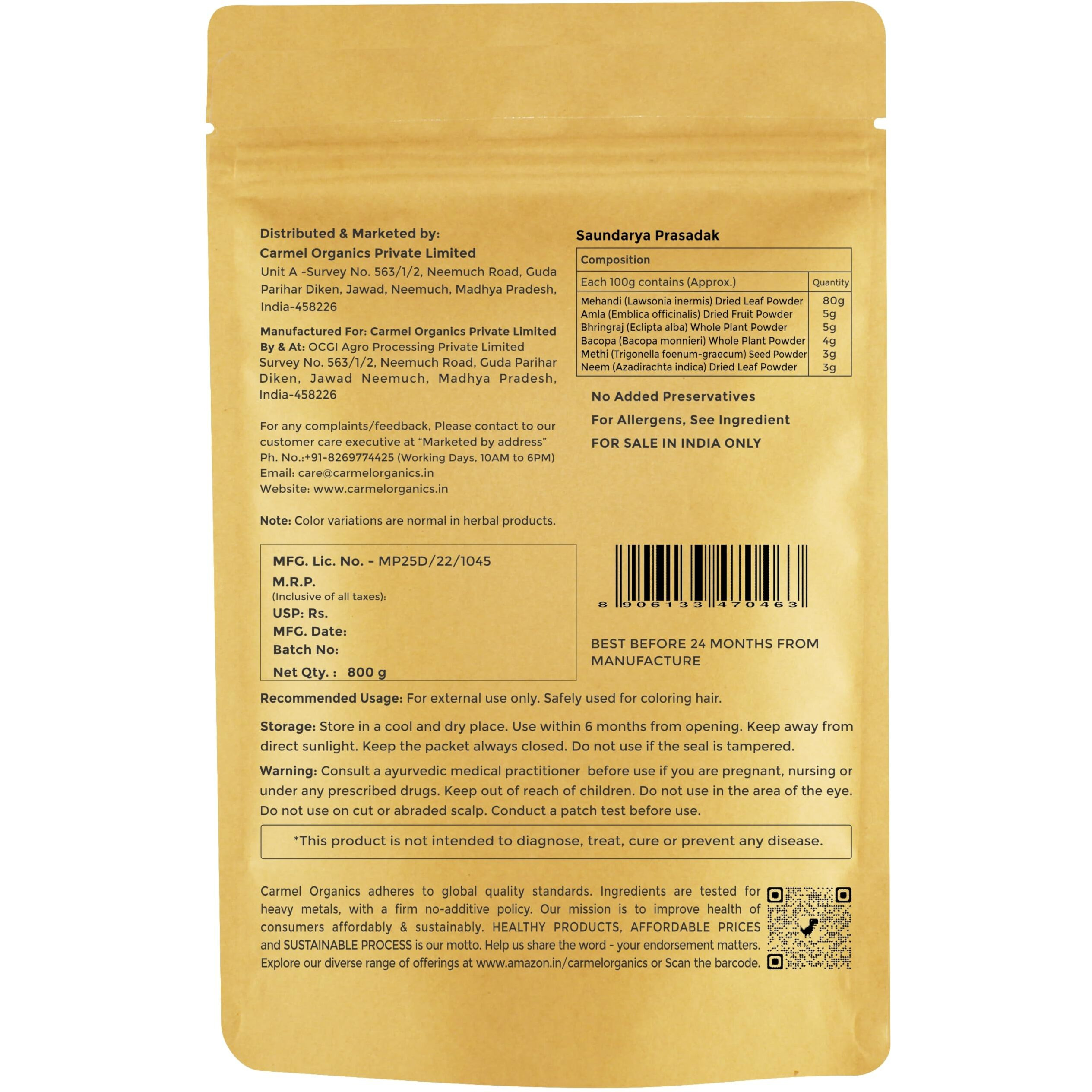 Carmel Organics Herbal Henna Powder 800 Gram (Blend Of Henna, Amla, Bhringraj, Bacopa, Fenugreek,Neem) For Hair Color | No Added Color & Preservatives | Marudhani Podi/Mardhani Podi/Mehandi