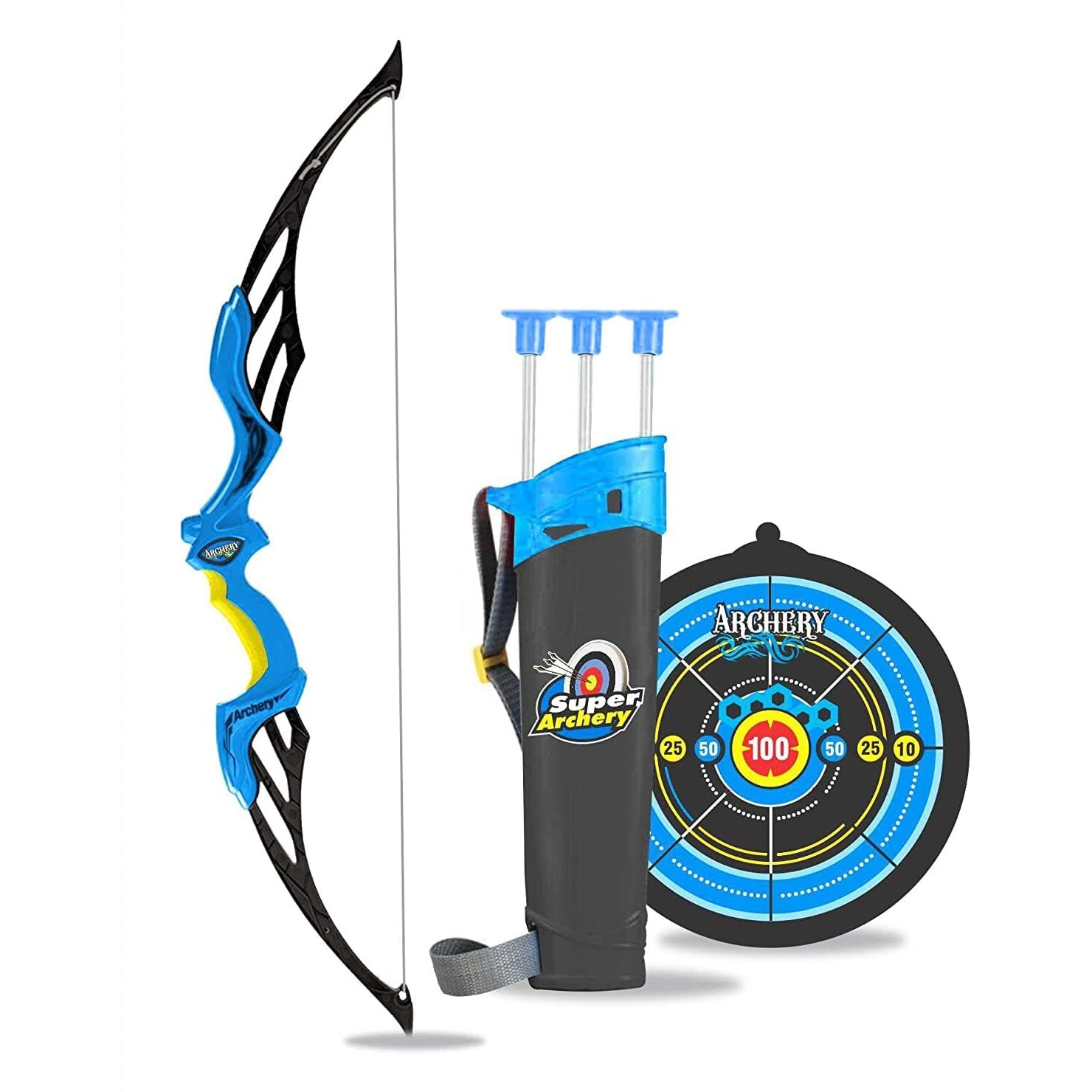 Cable World Sports Super Archery Bow And Arrow Set With Dart Target Board, Colourful With 3 Suction Cup Tip Arrows