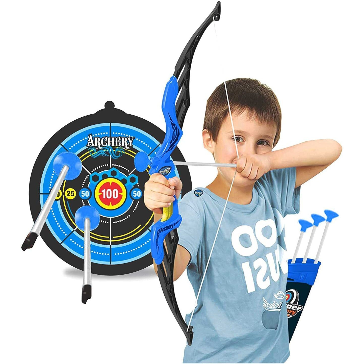Cable World Sports Super Archery Bow And Arrow Set With Dart Target Board, Colourful With 3 Suction Cup Tip Arrows