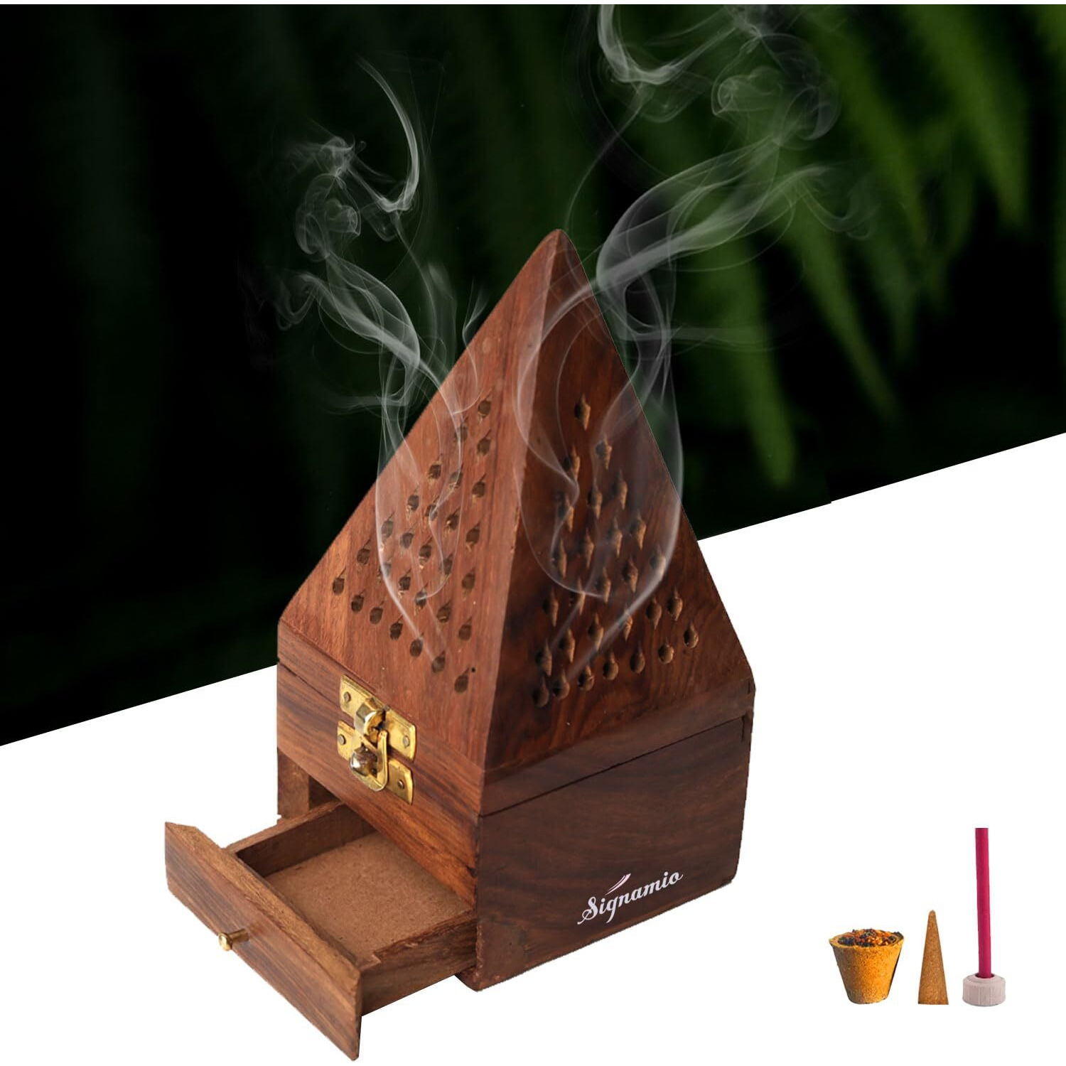 Signamio Wooden Sambrani Dhoop Stand Incense Holder Dhoop Dani Items For Home Mandir, Perfect Pooja Room Decoration And Pooja Thali Set Rituals -Pack Of 1