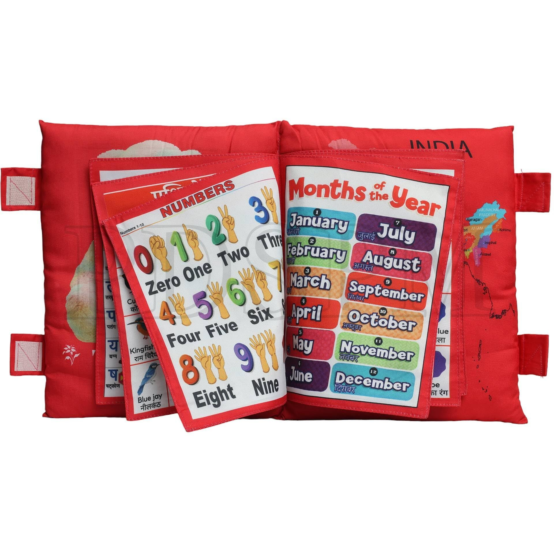 Pdspm Learning Cushion Pillow Book For Kids With 2 Languages Learn - English And Hindi, Soft Cloth Book Baby Activity Play, (Red)